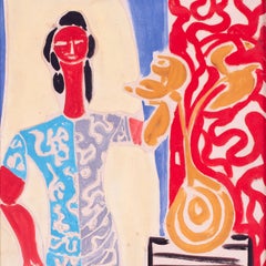 « Femme avec un vase de fleurs », Marcel Mouly, gouache, postimpressionniste, français