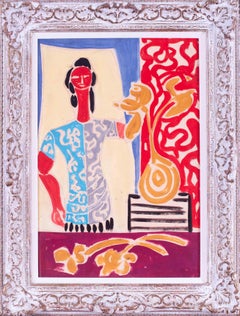 « Femme avec un vase de fleurs », Marcel Mouly, gouache, postimpressionniste, français
