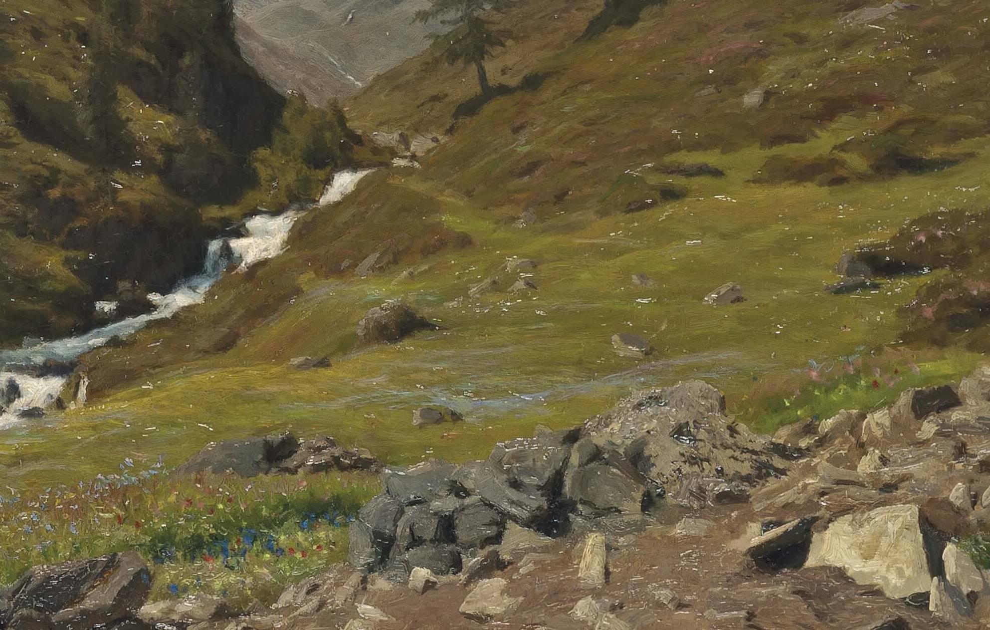 An Alpine torrent in the spring - Black Landscape Painting by Unknown