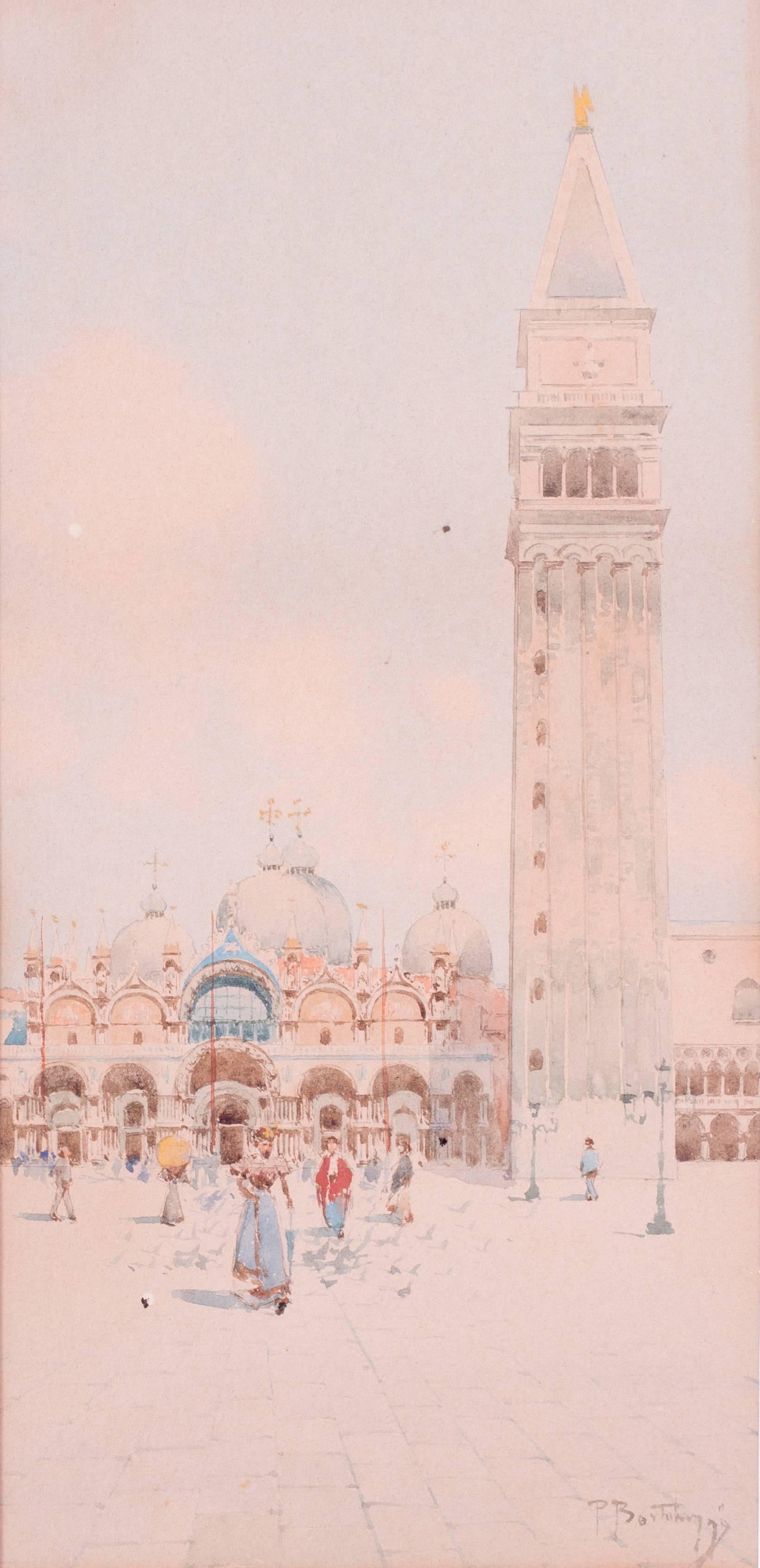 Original late 19th Century watercolour of the Basilica San Marco, Venice, Italy - Art by Pietro Bortoluzzi Bianco