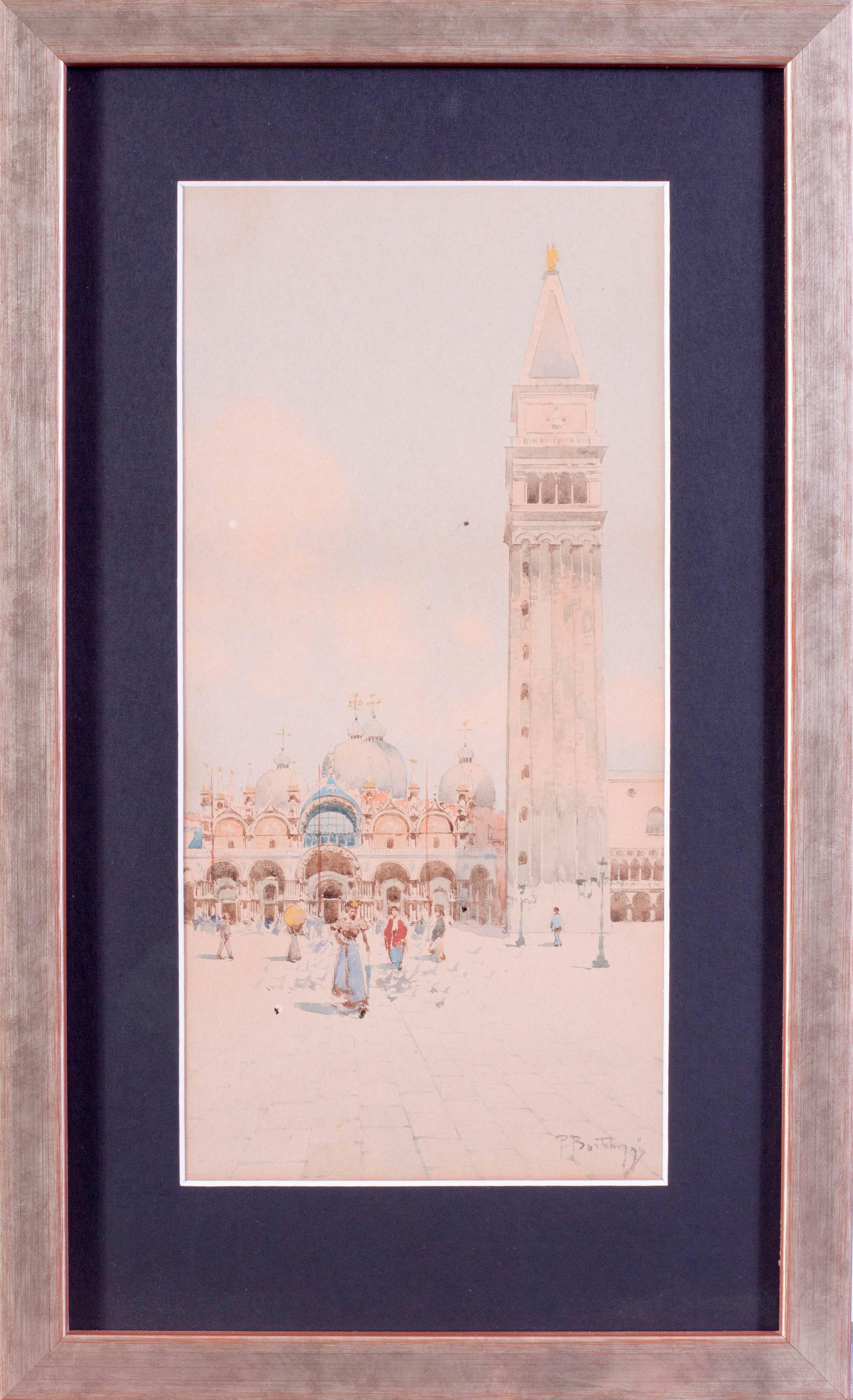 Pietro Bortoluzzi Bianco Figurative Art - Original late 19th Century watercolour of the Basilica San Marco, Venice, Italy