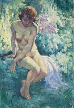 La Belle de l'ete, a beautiful early 20th Century Impressionist nude in a garden