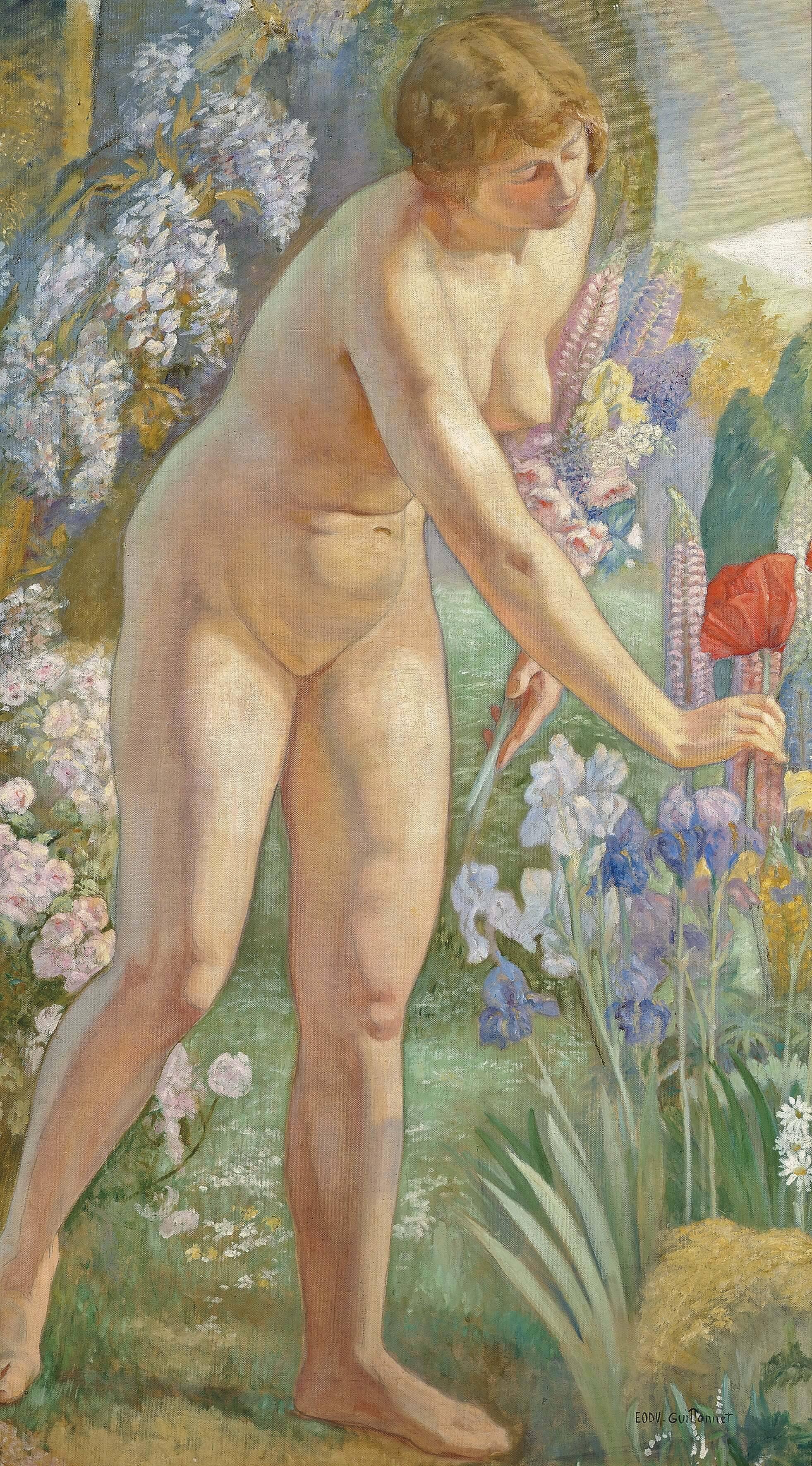 Octave Guillonnet Nude Painting - Very large, Impressionist early 20th Century nude, oil painting, Picking Poppies
