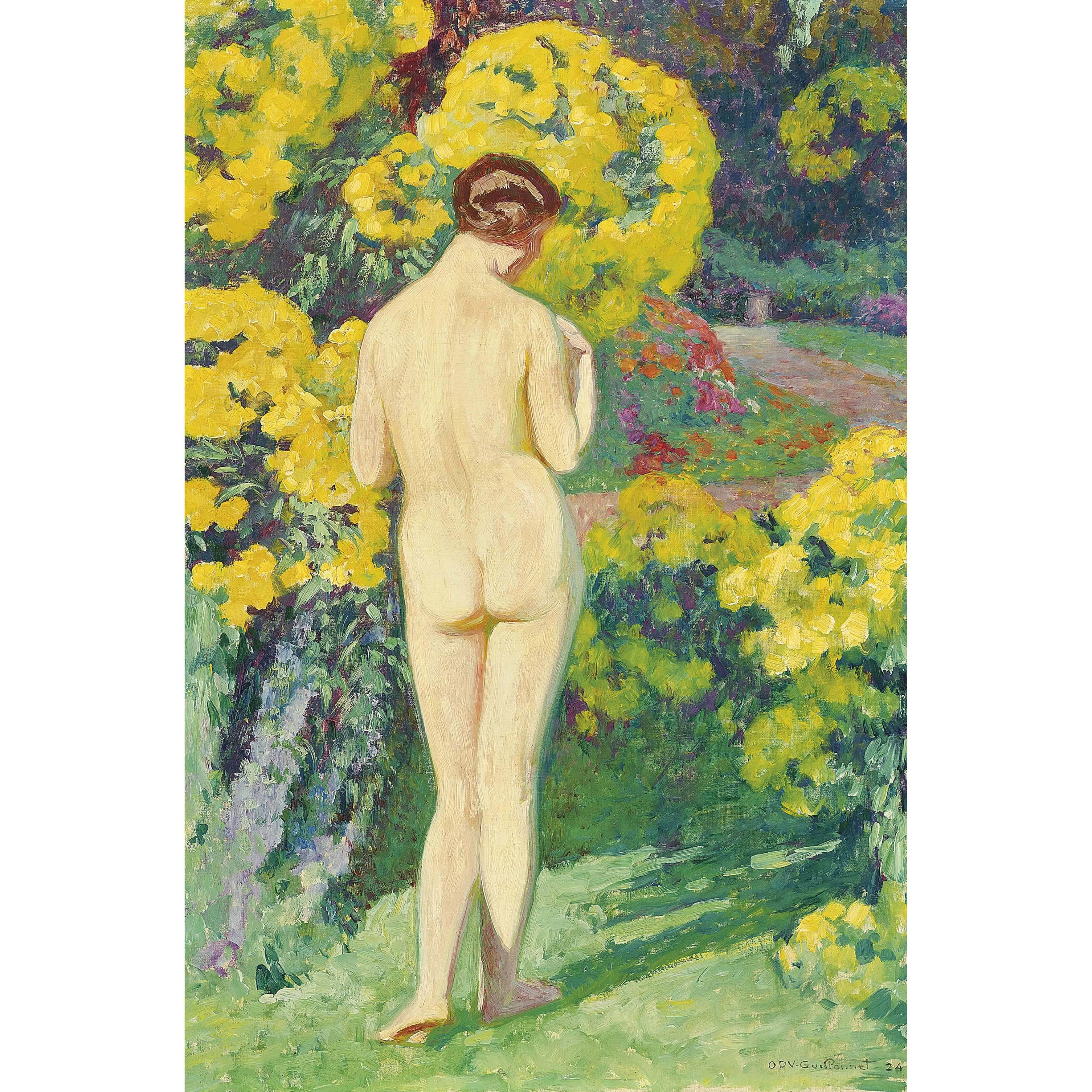 Octave Guillonnet Figurative Painting - Jeune Femme Nue Au Jardin, a bright, impressionist oil painting of a nude 