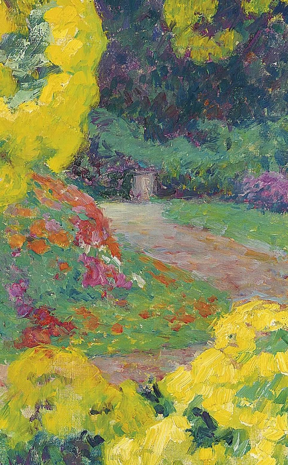 Jeune Femme Nue Au Jardin, a bright, impressionist oil painting of a nude  - Painting by Octave Guillonnet