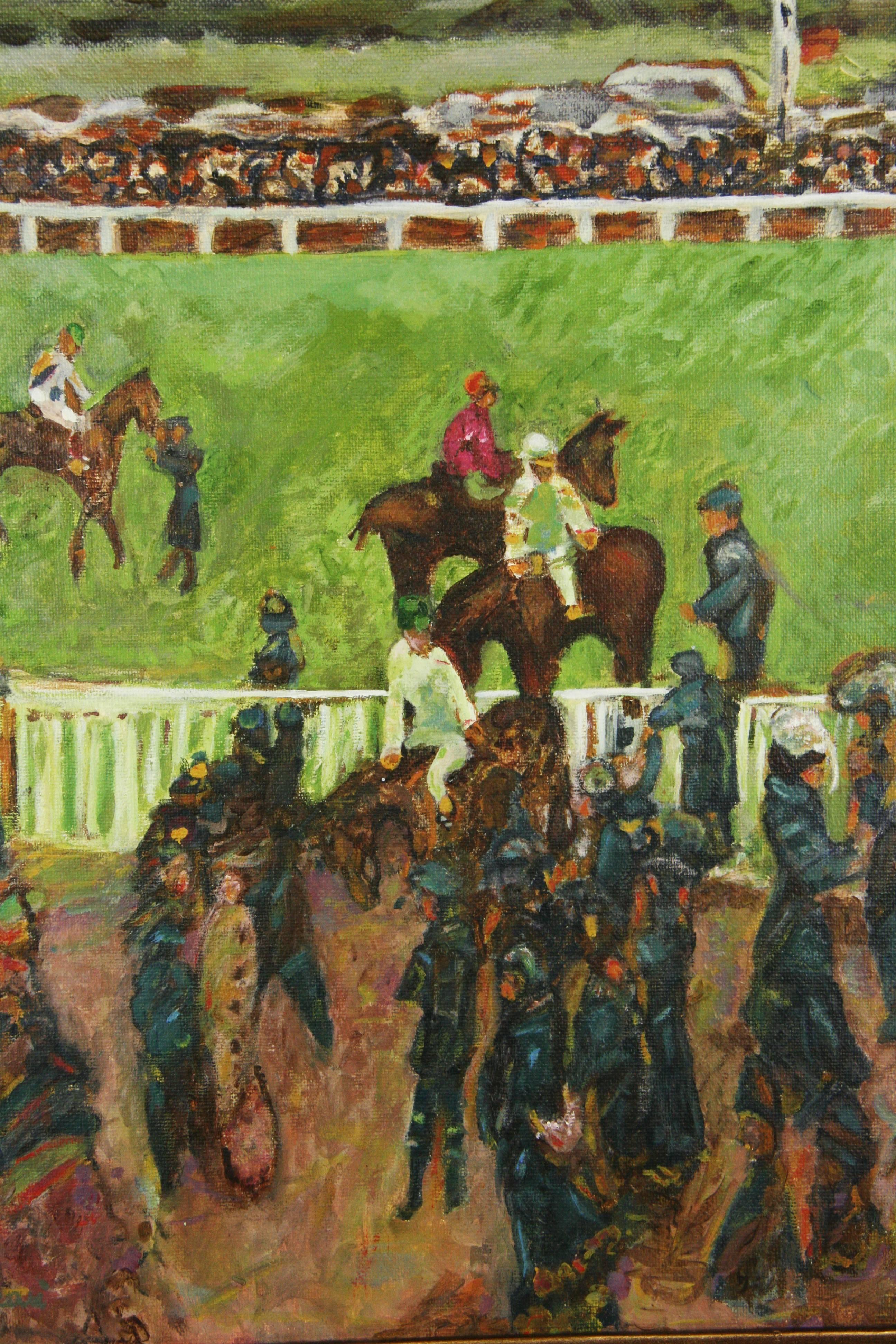 Day at the Races Equesterian  Landscape  - Brown Landscape Painting by Unknown