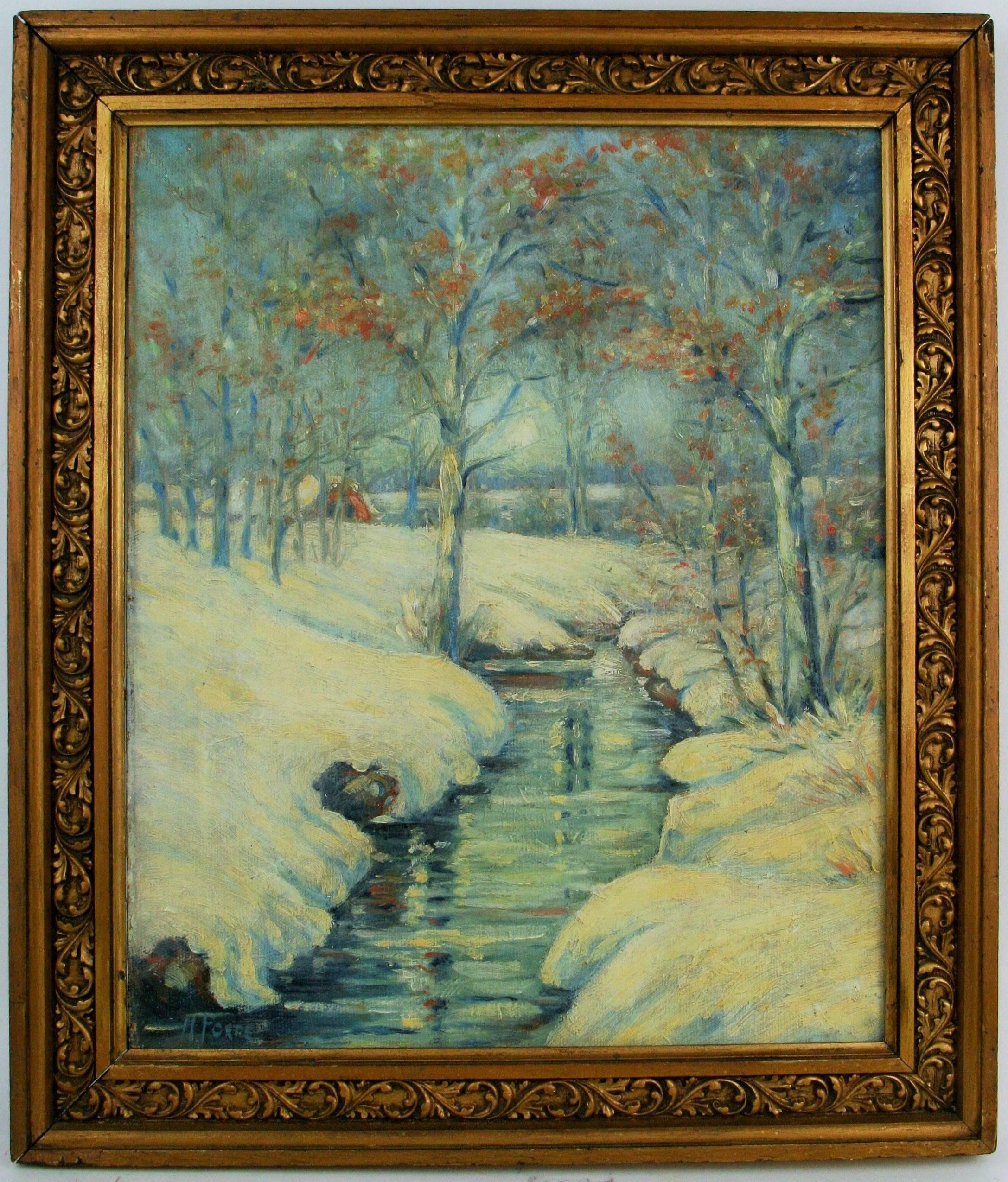 5-2535 impressionistic style winter snow scene,oil on canvas displayed in a gilt wood frame.Signed lower left by Forte.