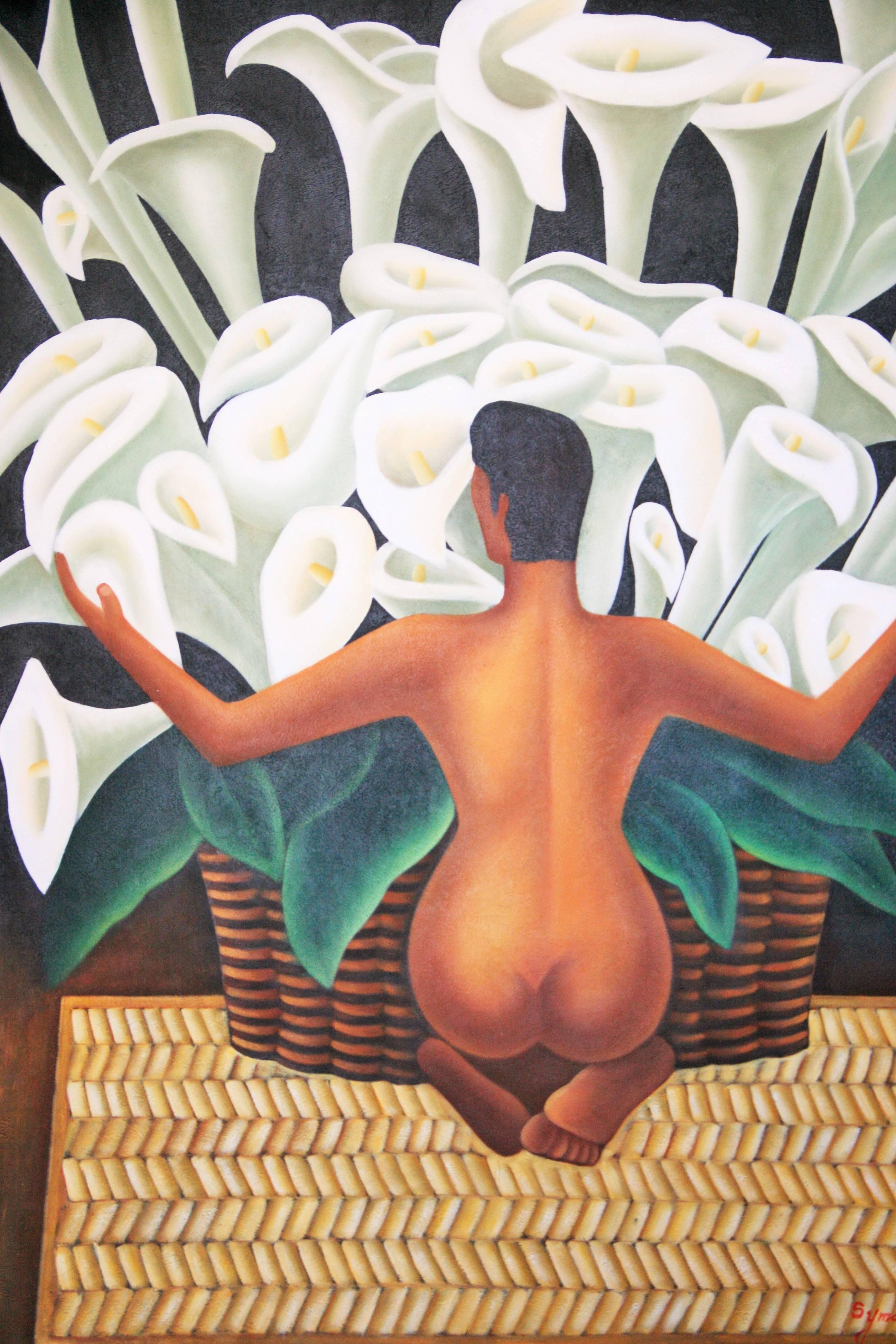 #5-2747 A large scale of a  nude man with a large bouquet of calla lilies ,contemporary oil on stretched canvas signed lower right by Symon.Unframed