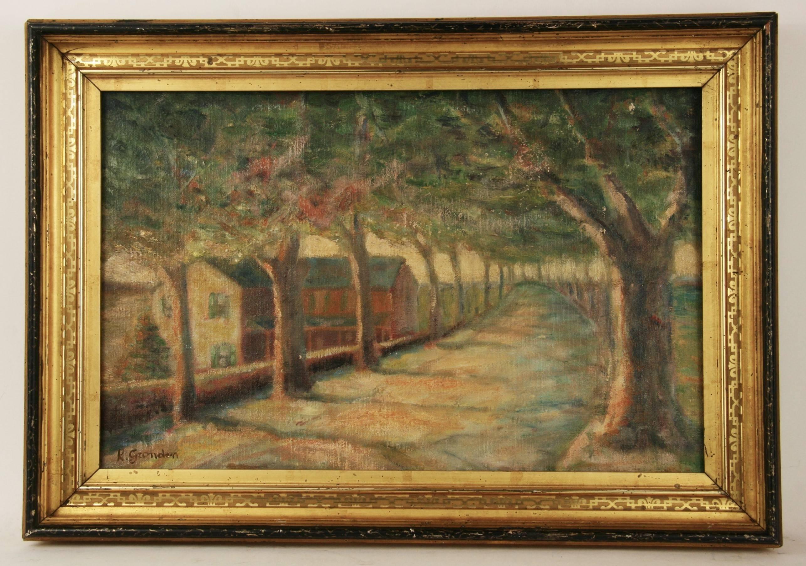 #5-2755   Provence ,France,impressionist style landscape,  oil on artist board ,diplayed in a 19th century  finely gilt-black wood frame 
,Signed lower left by G.Gronden.
Image size 11H x 17 5 W
