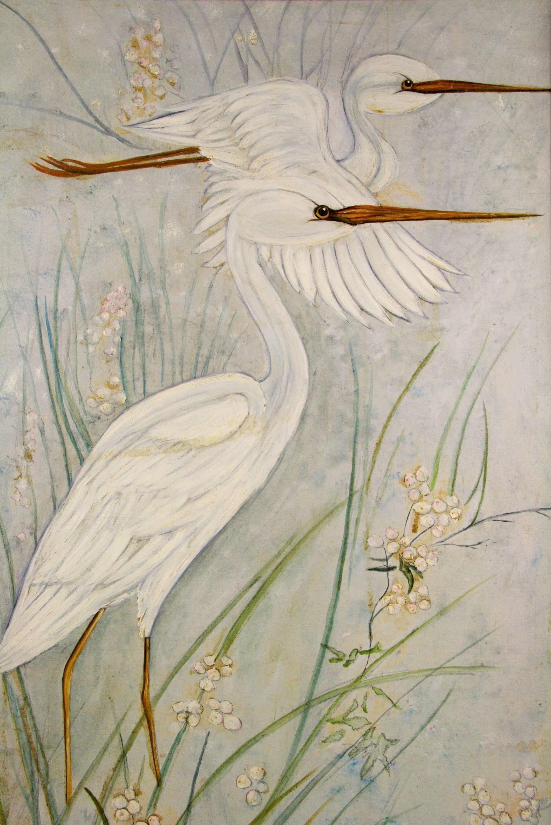 Herons Painting - Beige Animal Painting by Unknown