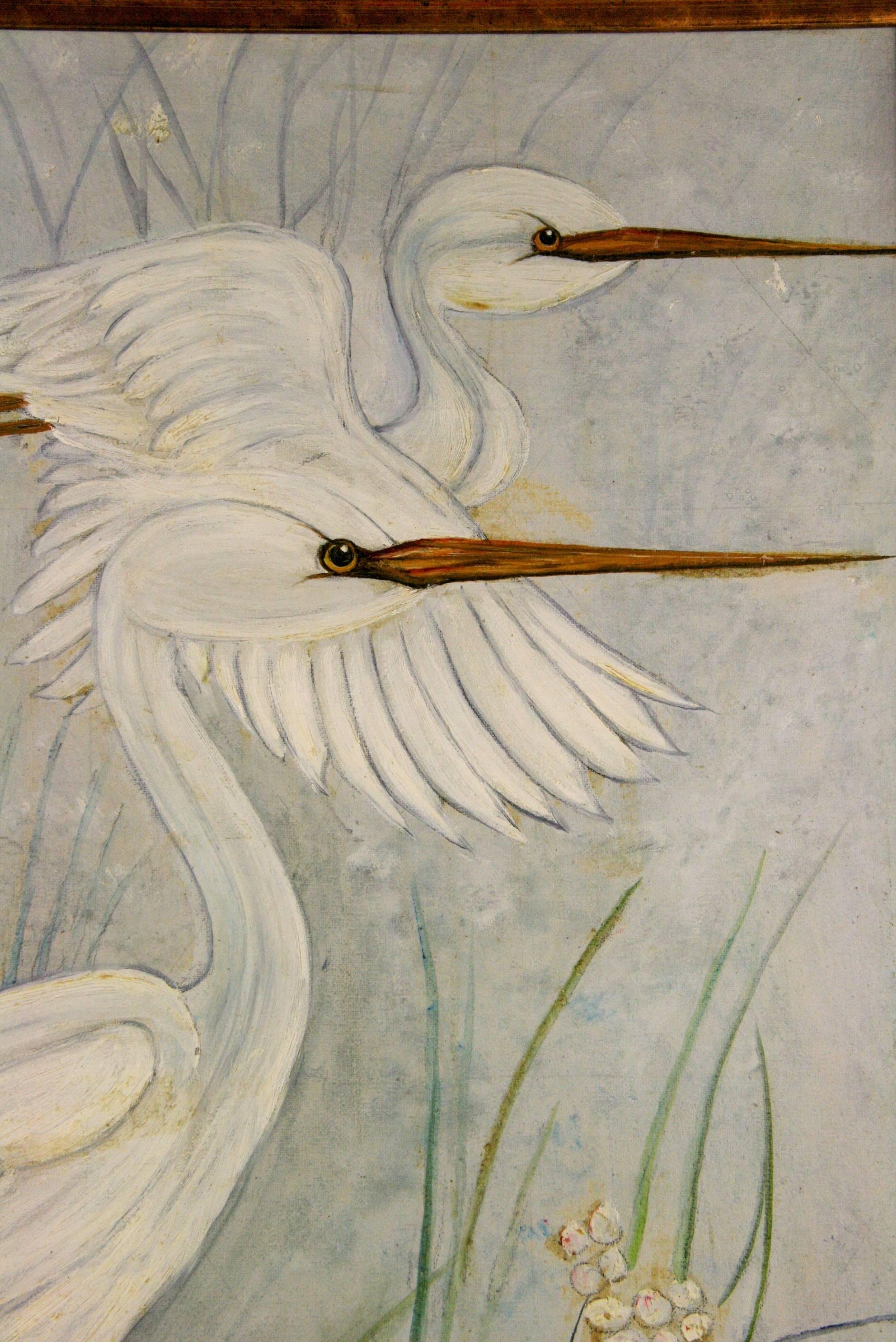 #5-1956 Herons, circa 1940's large  vintage original oil on masonite displayed in a gilt wood frame.Signed lower left by E.Rosemberg