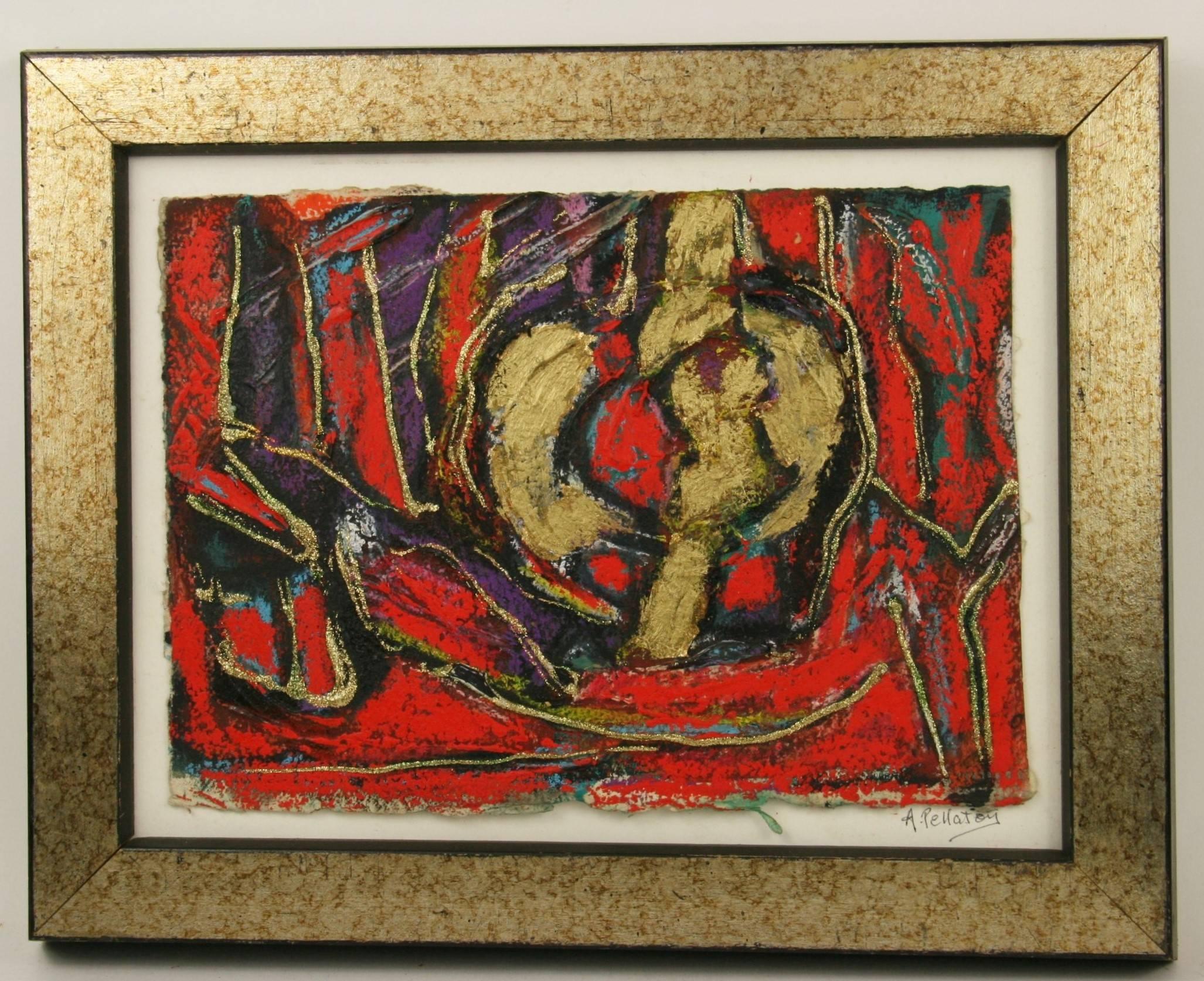 #5-2600 An abstract mixed media gold leaf -acrylic on hand made paper,displayed in a gilt wood frame,Signed lower right by A.Pellatoy