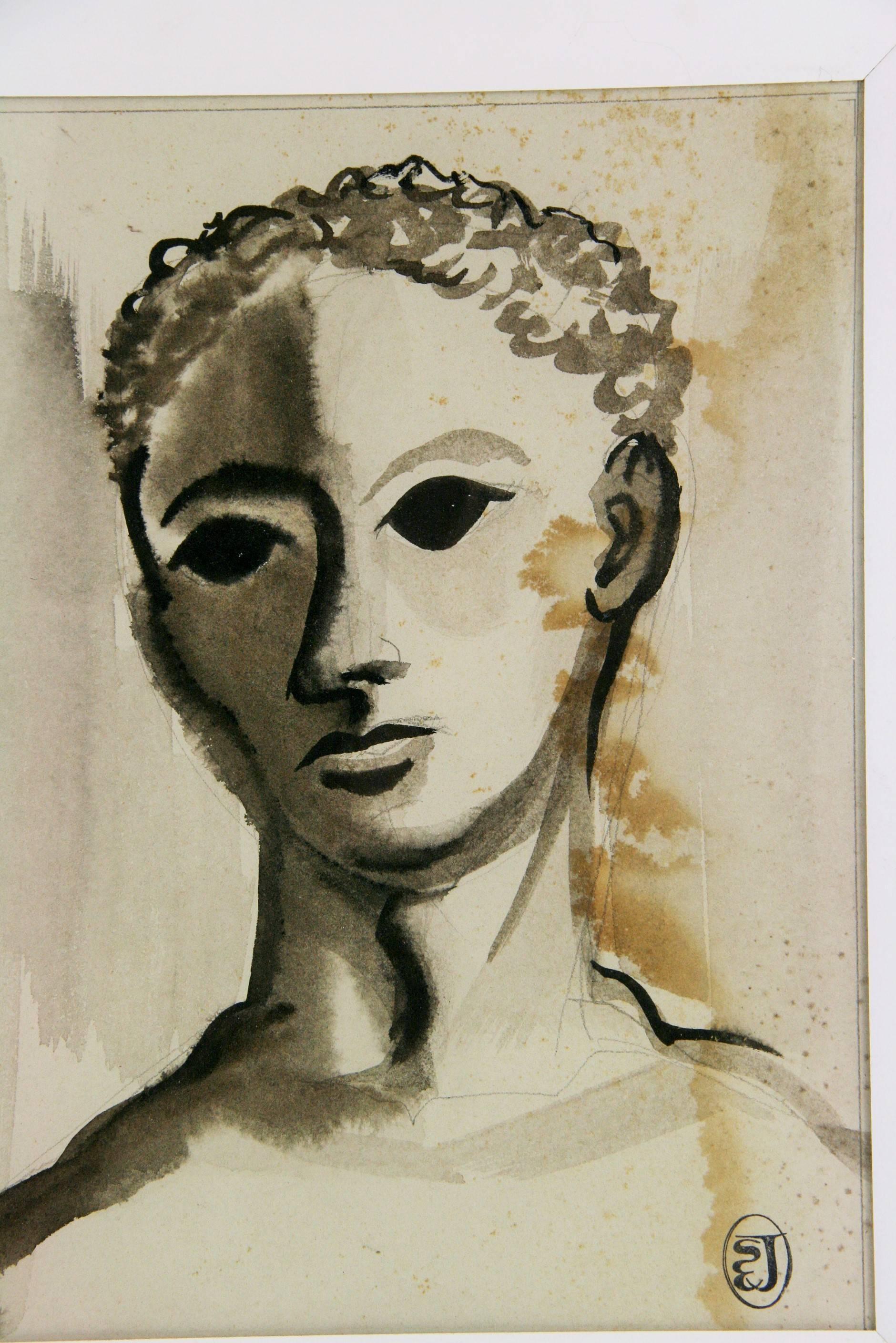 Young Orpheus Ink Portrait - Brown Figurative Art by Unknown