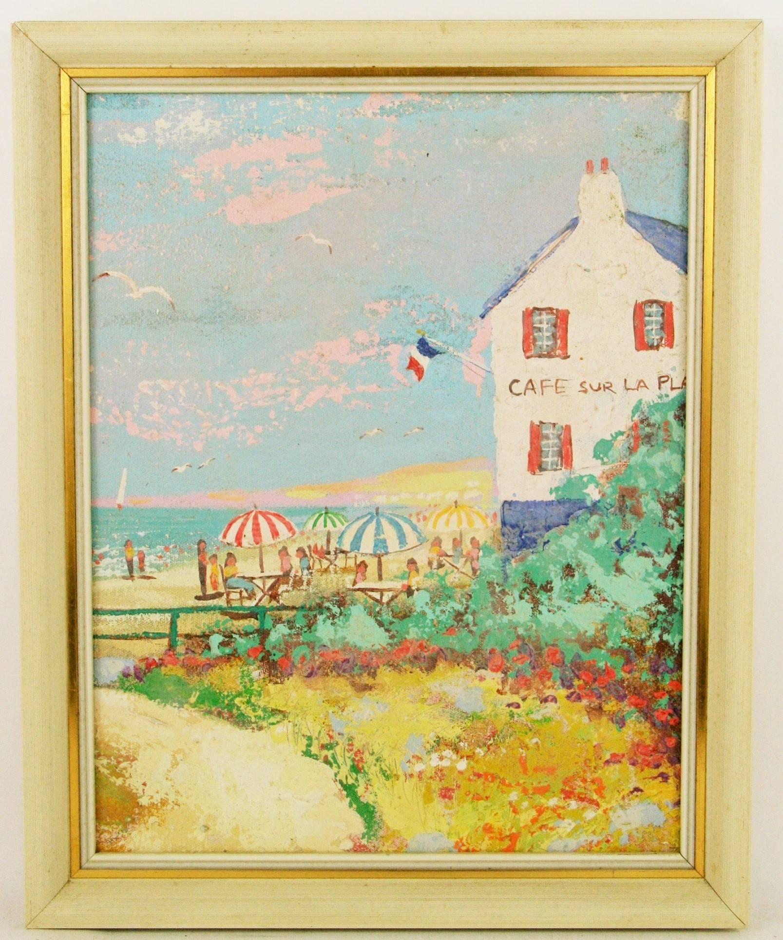  French Riviera Cafe Sur lePlage Landscape  Painting  - Beige Still-Life Painting by Unknown
