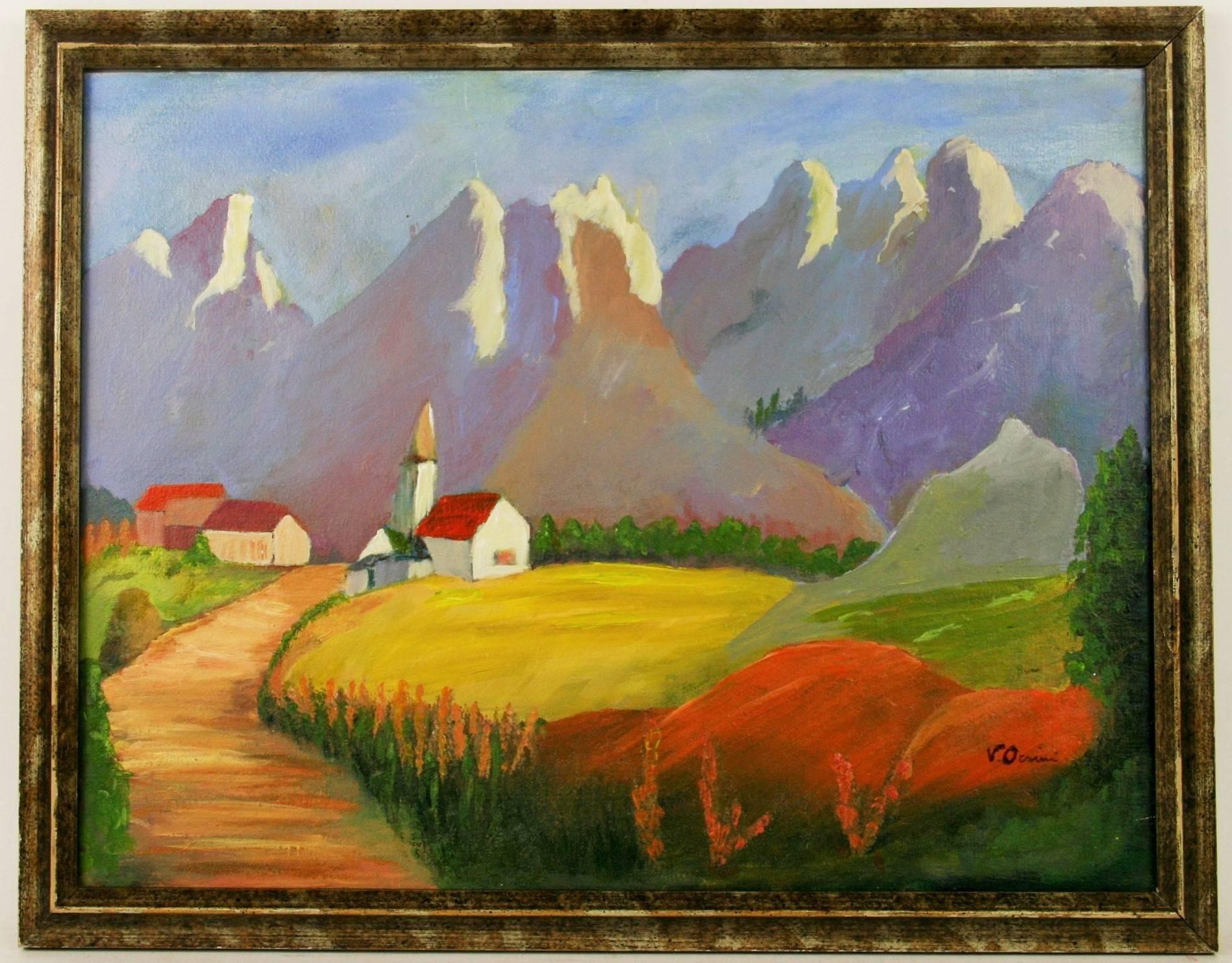 #5-2863 Alps village lanscape,acrylic on bord displayed in a wood dark -gilt frame.Signed lower right by V.Orsini.Image size 13H x 17 W