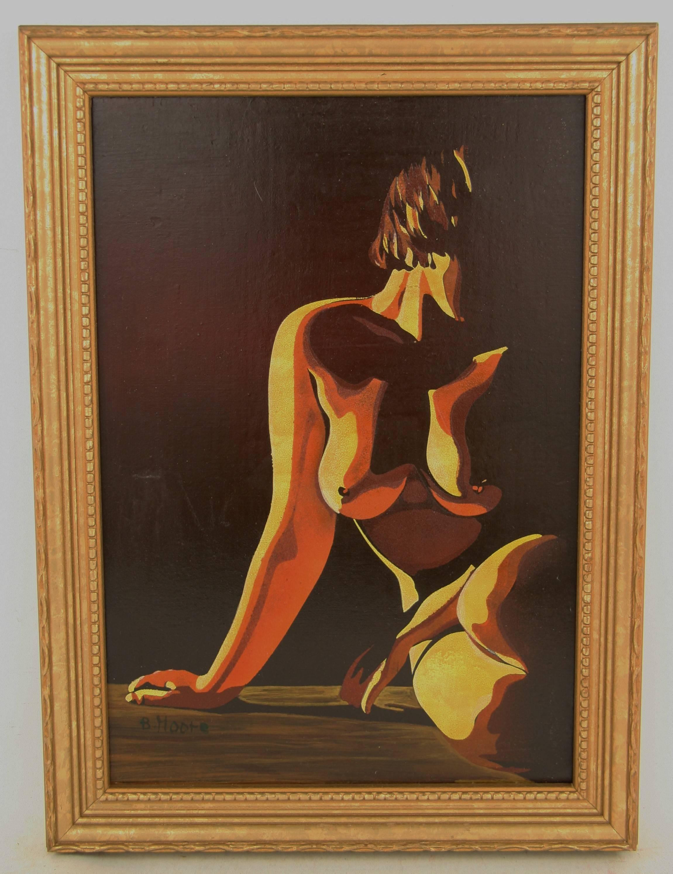 #5-2872 A female nude ,oil on artist board set in a gilt wood frame,signed lower left by B.Moore
Image size 11.25x8.5"