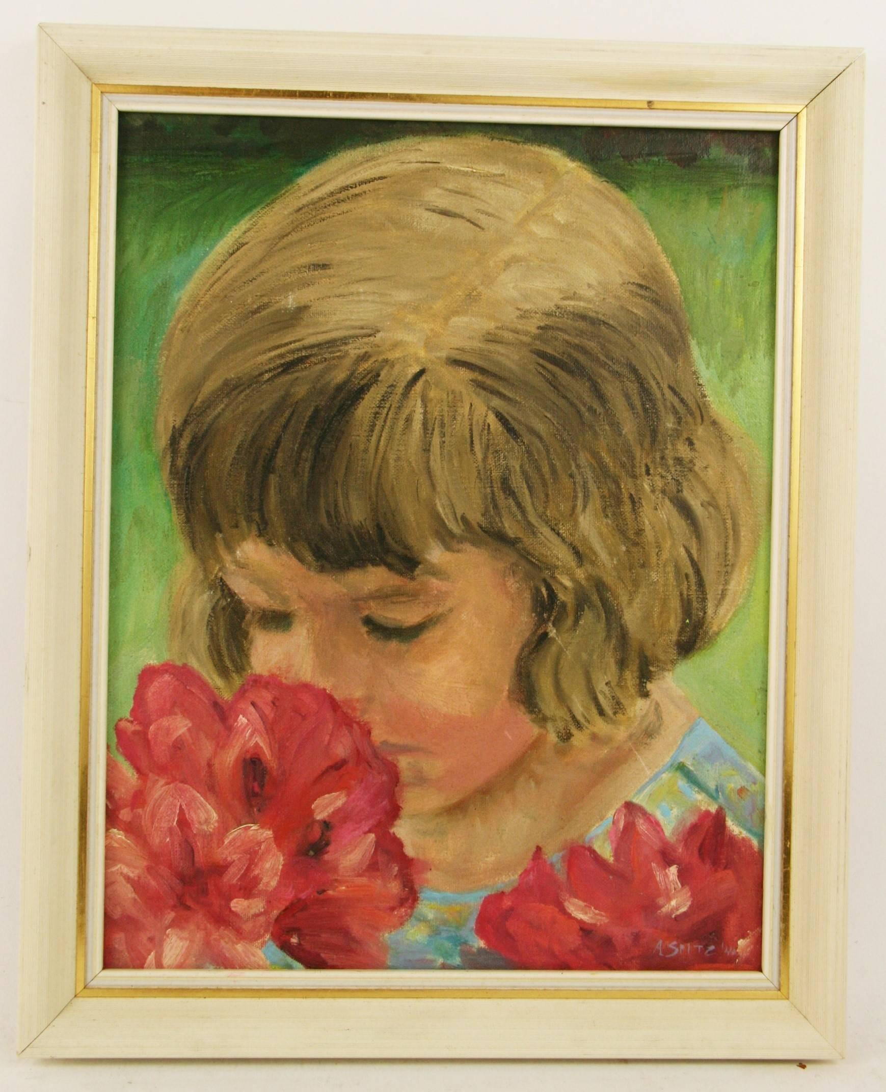 Unknown Figurative Painting - Smelling the Roses Figurative  Portrait