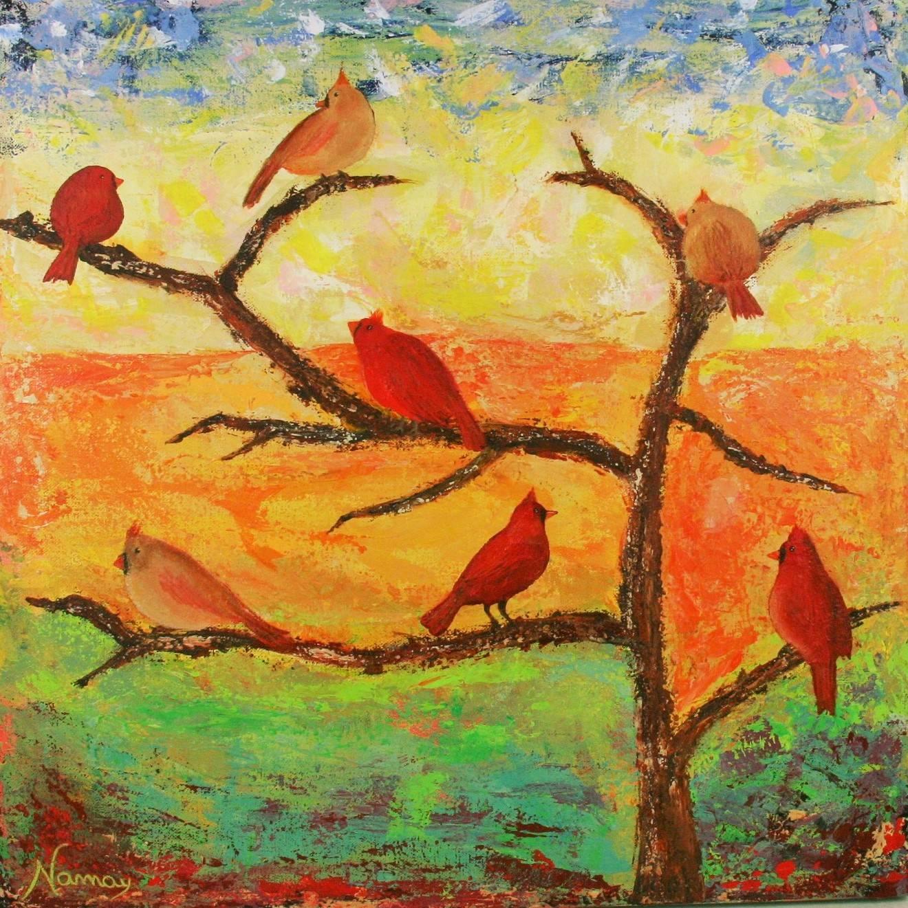 Unknown Animal Painting - Cardinals Bird Landscape  