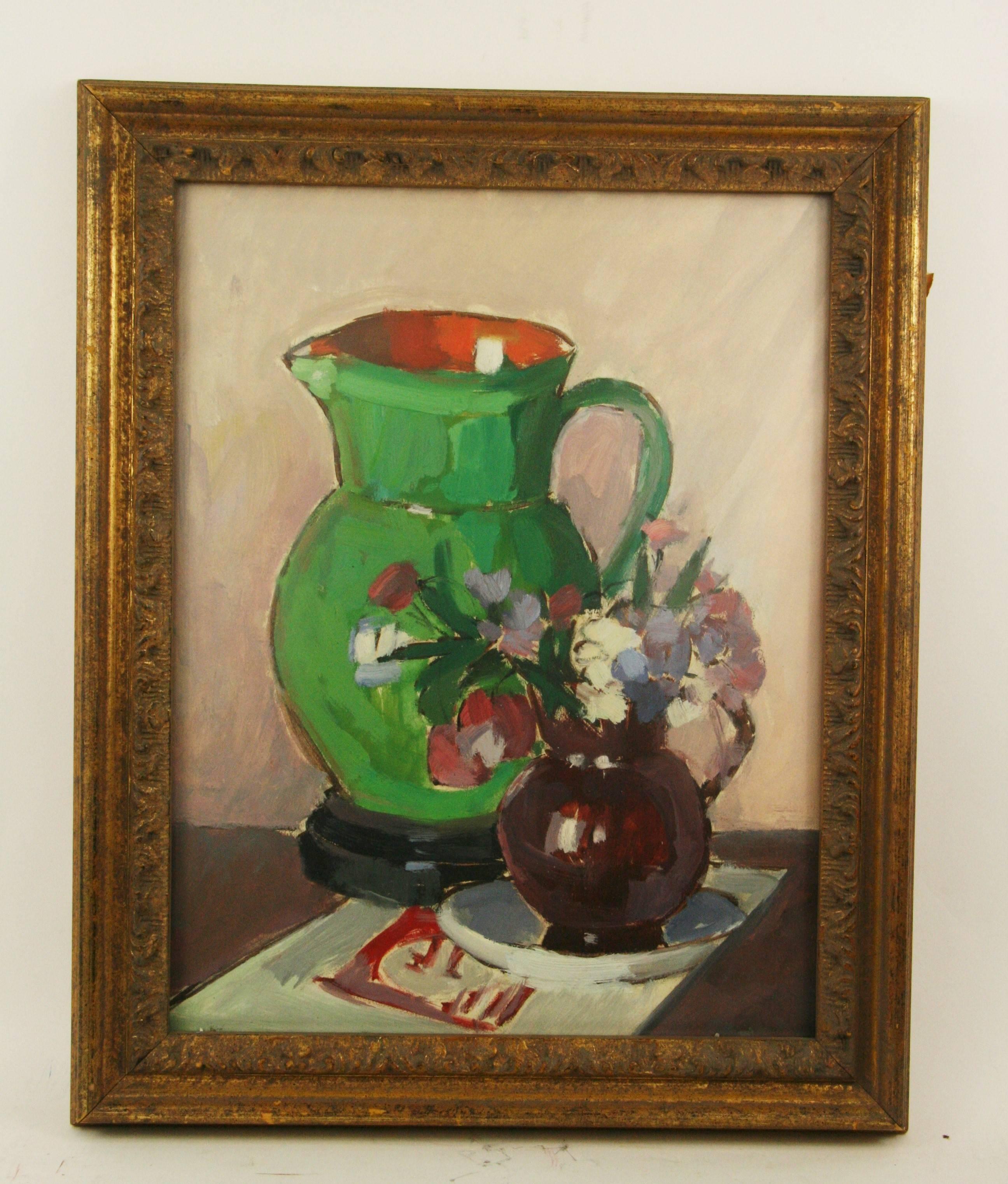 Unknown Still-Life Painting - Impressionist Green Pitcher Still Life Table Setting  Gouache 