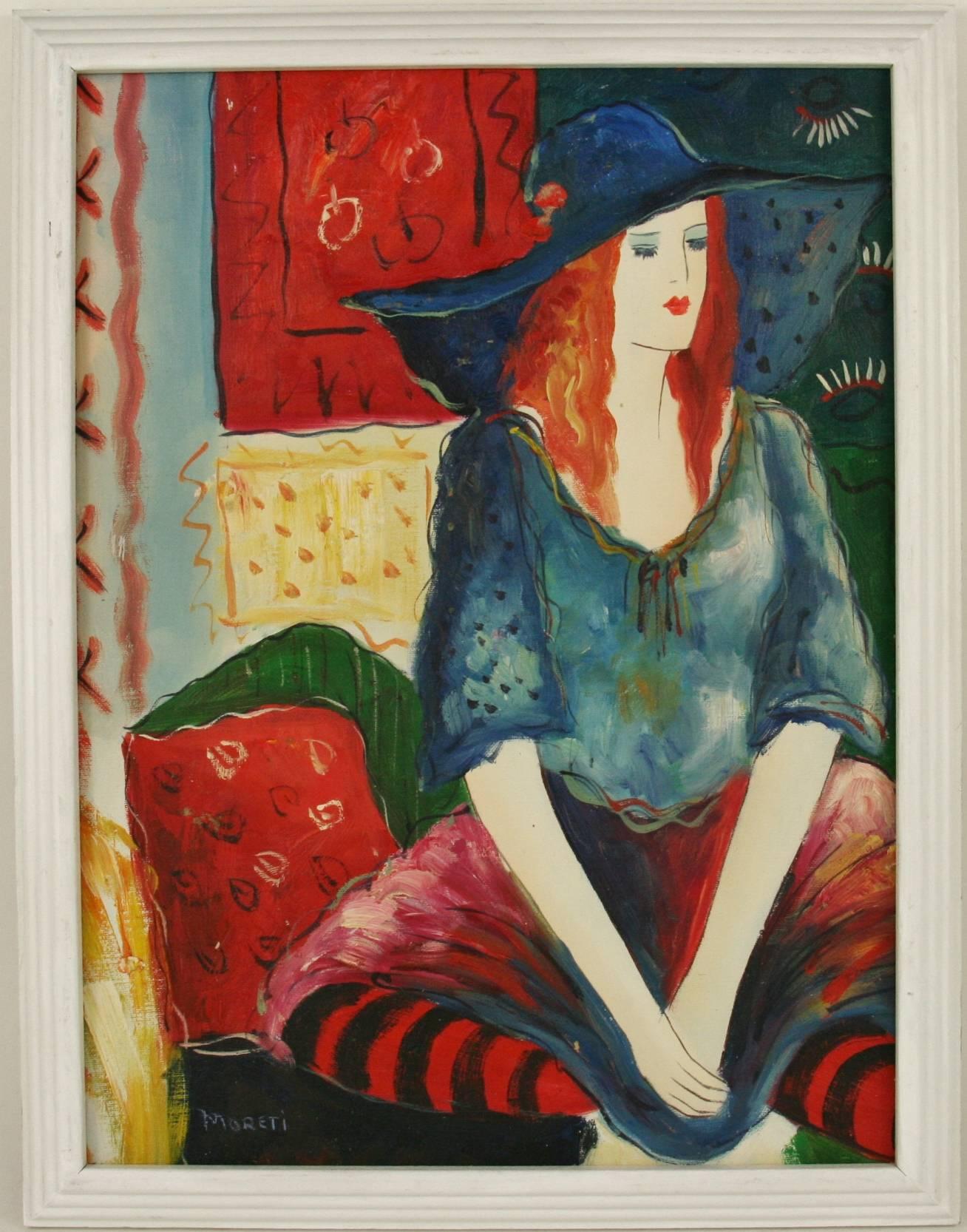 Unknown Interior Painting -  Girl With Blue Hat Figurative Painting By Moreti