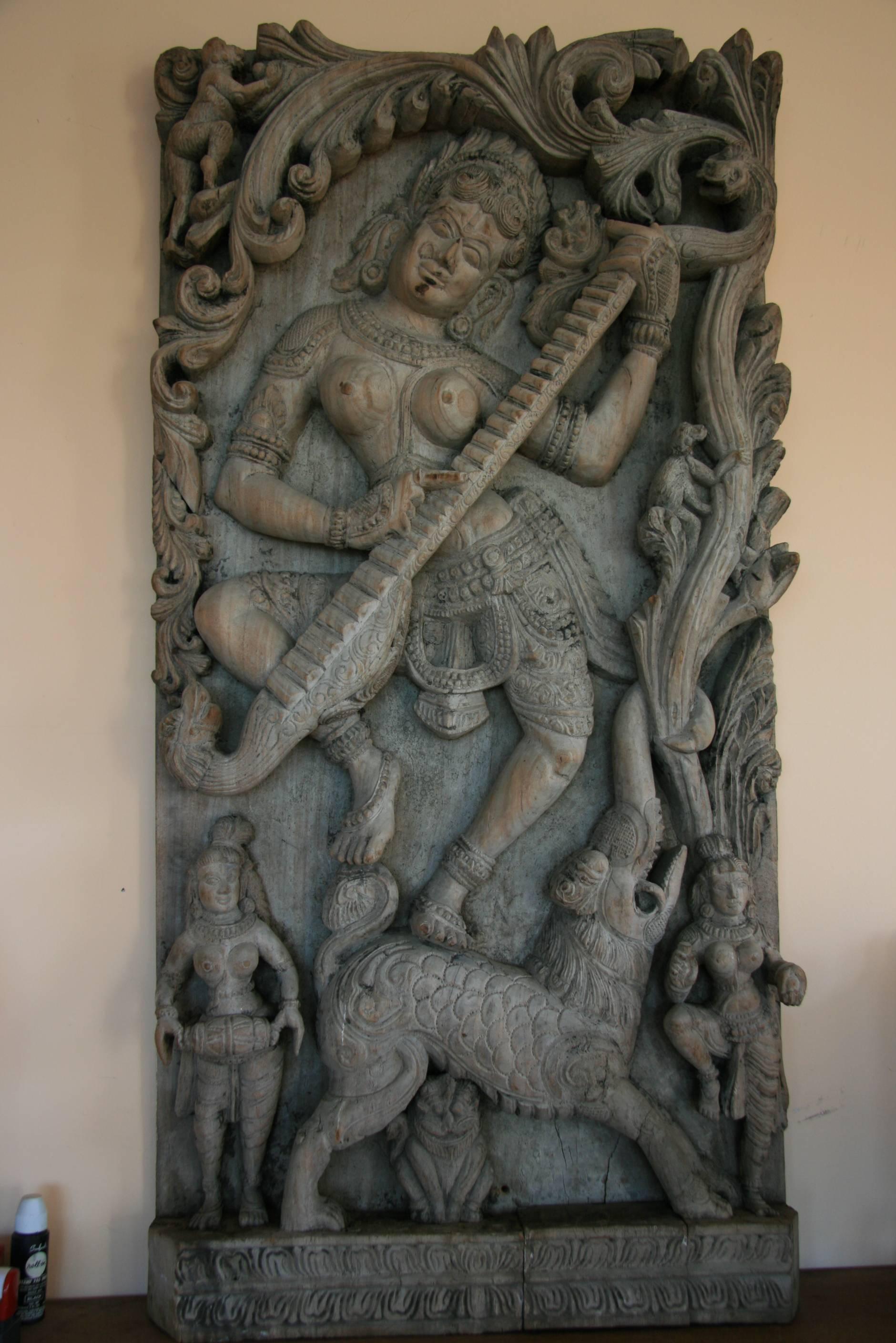  Large Scale Lord Krishna Hand Carved Wall Sculpture Temple Fragment  - Black Figurative Sculpture by Unknown