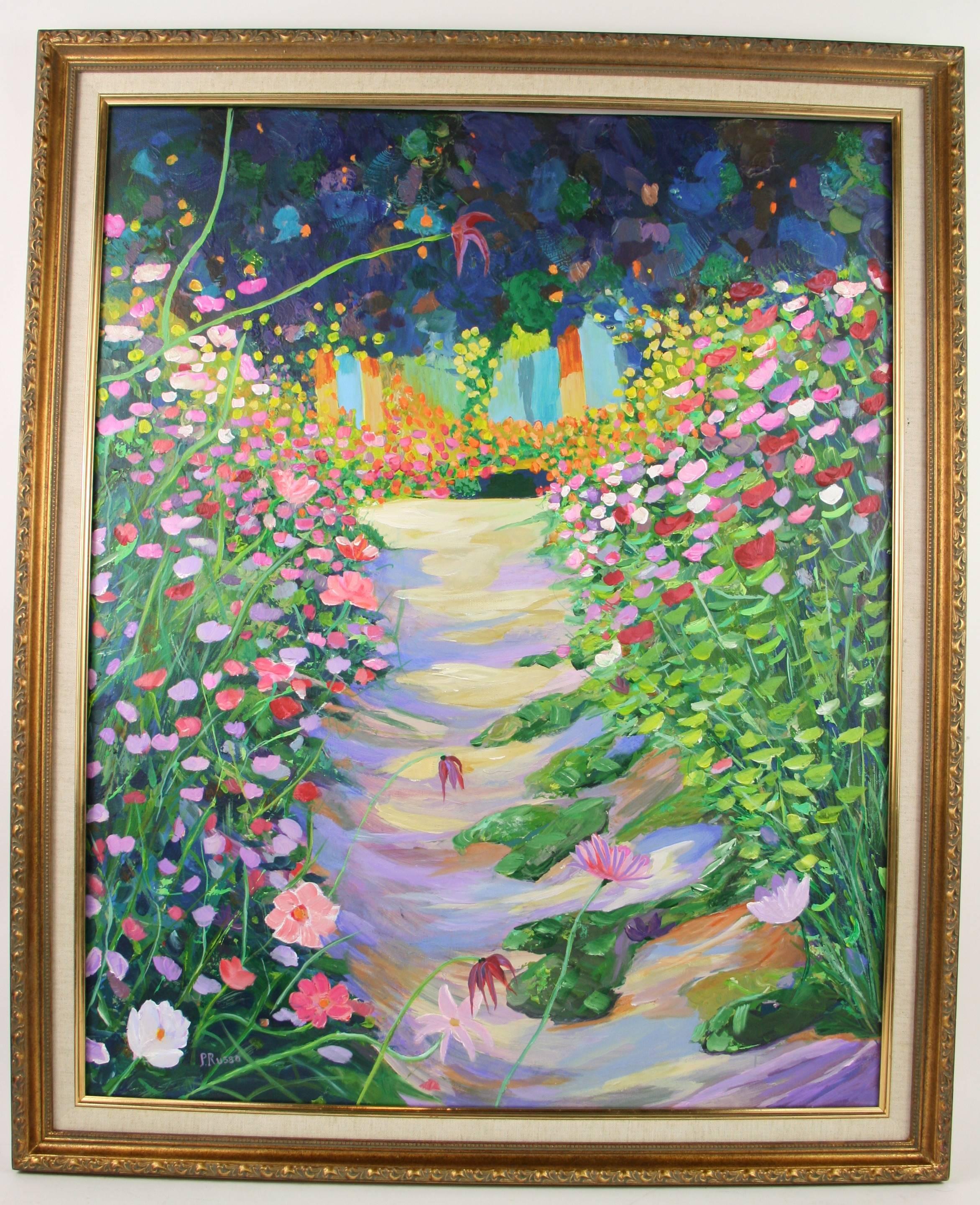 Unknown Landscape Painting - Impressionist Large  Garden Path Flowering Garden  Landscape  Painting