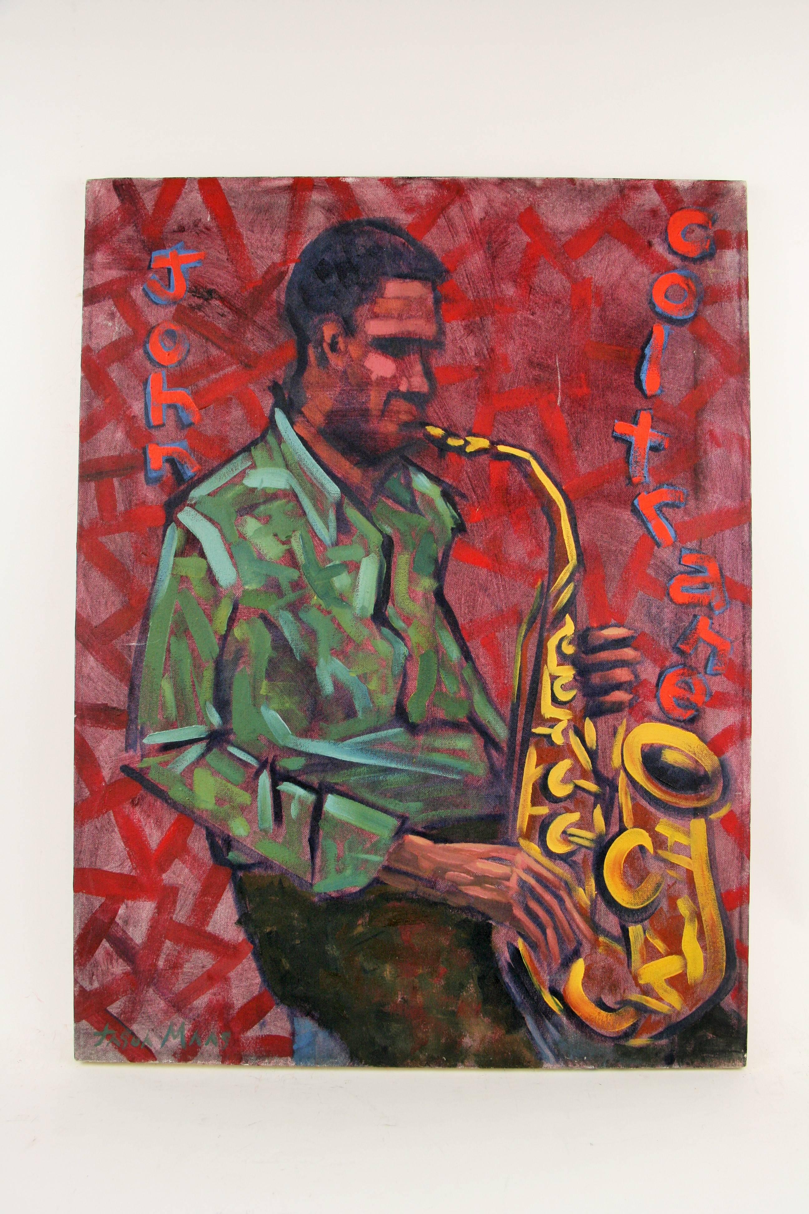 #5-2609   John  Coltrane painting ,acrylic on stretched canvas signed lower right by Jason Manns.
Unframed