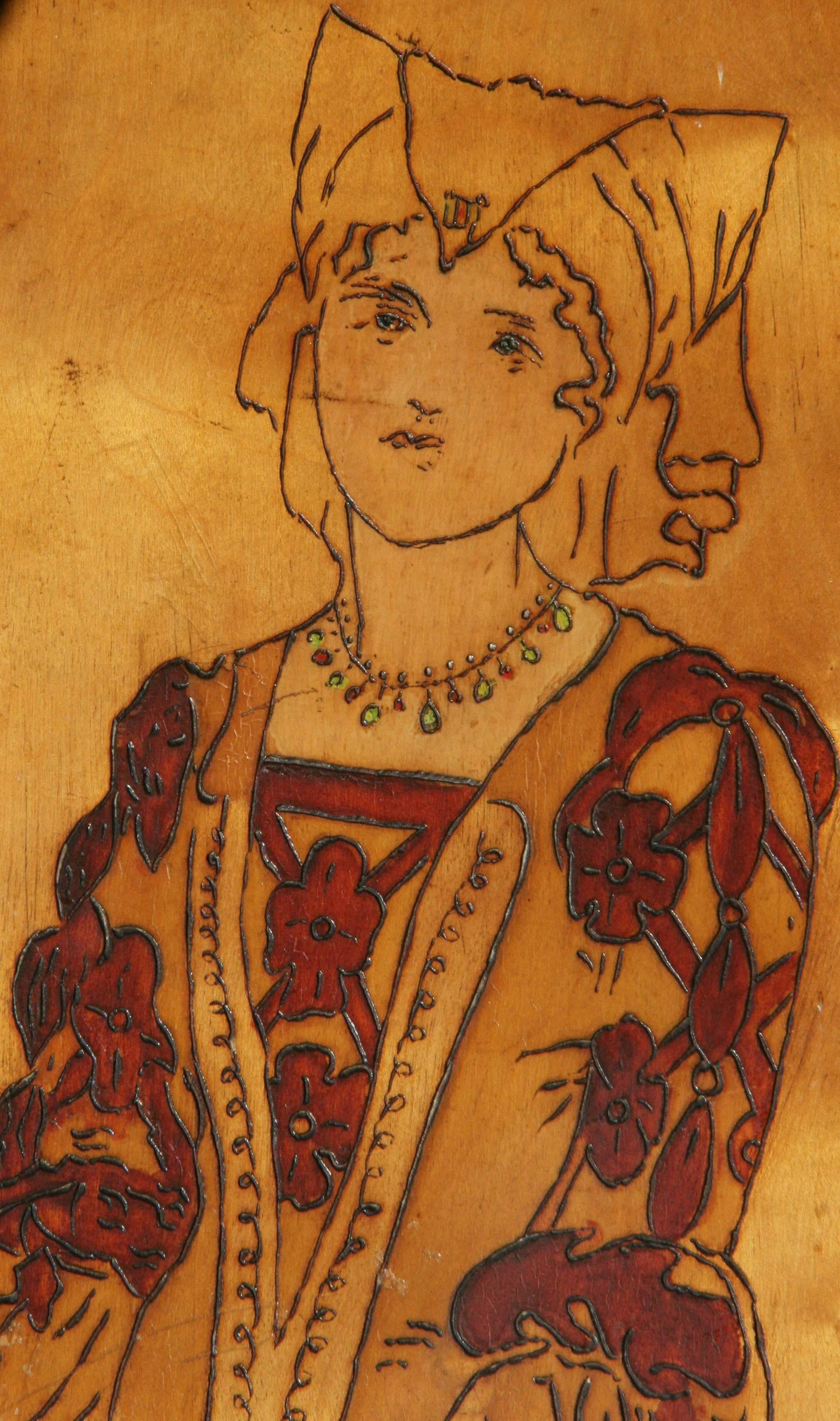 A Renaissance woman ,circa 1930's a polychrome  painting on a wood plaque.
Artist unknown