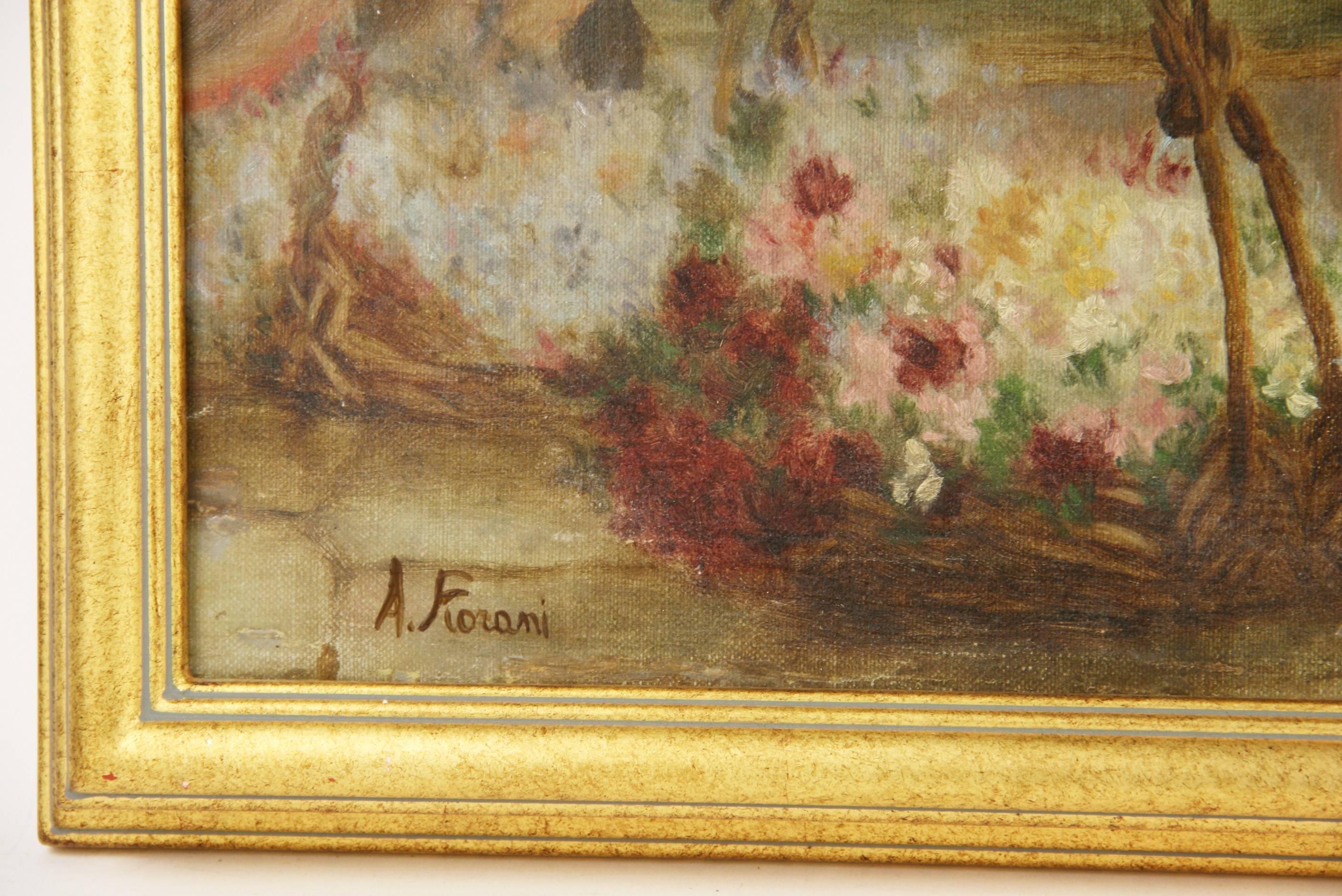 #5-2777 Circa 1940's, Italian classical oil painting on artist board depicting a woman selling flowers .Displayed in a gilt wood frame,signed lower left by A.Fiorani