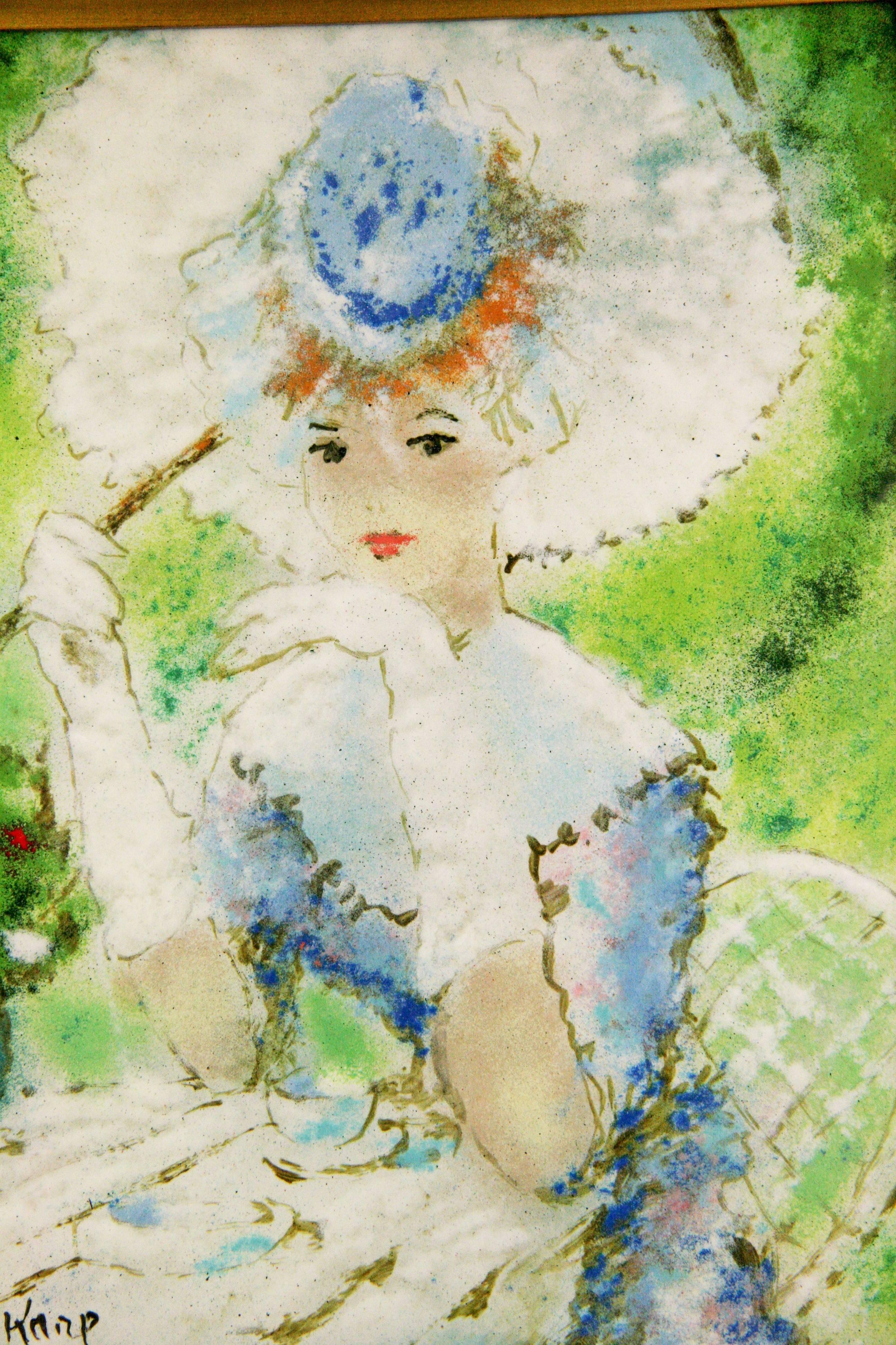 Lady With Parasol Porcelain Impressionist Painting - Brown Figurative Painting by Unknown