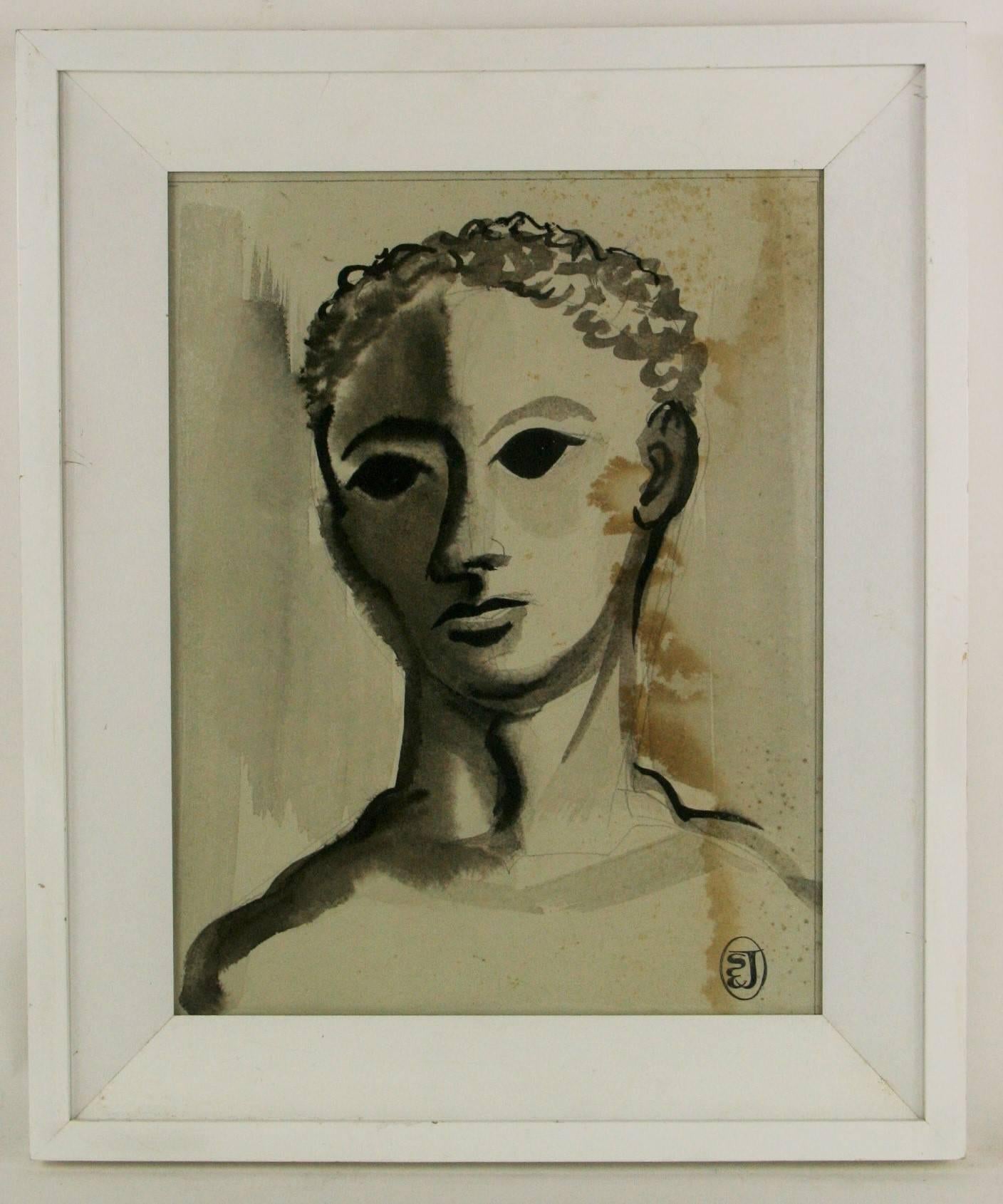 #5-2412 An Ink on paper portrait of a young Orpheus,displayed in a white lacquered wood frame.
Some wear on the frame