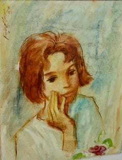 Pensive French Redhead oil On Canvas signed Fiedler 83
