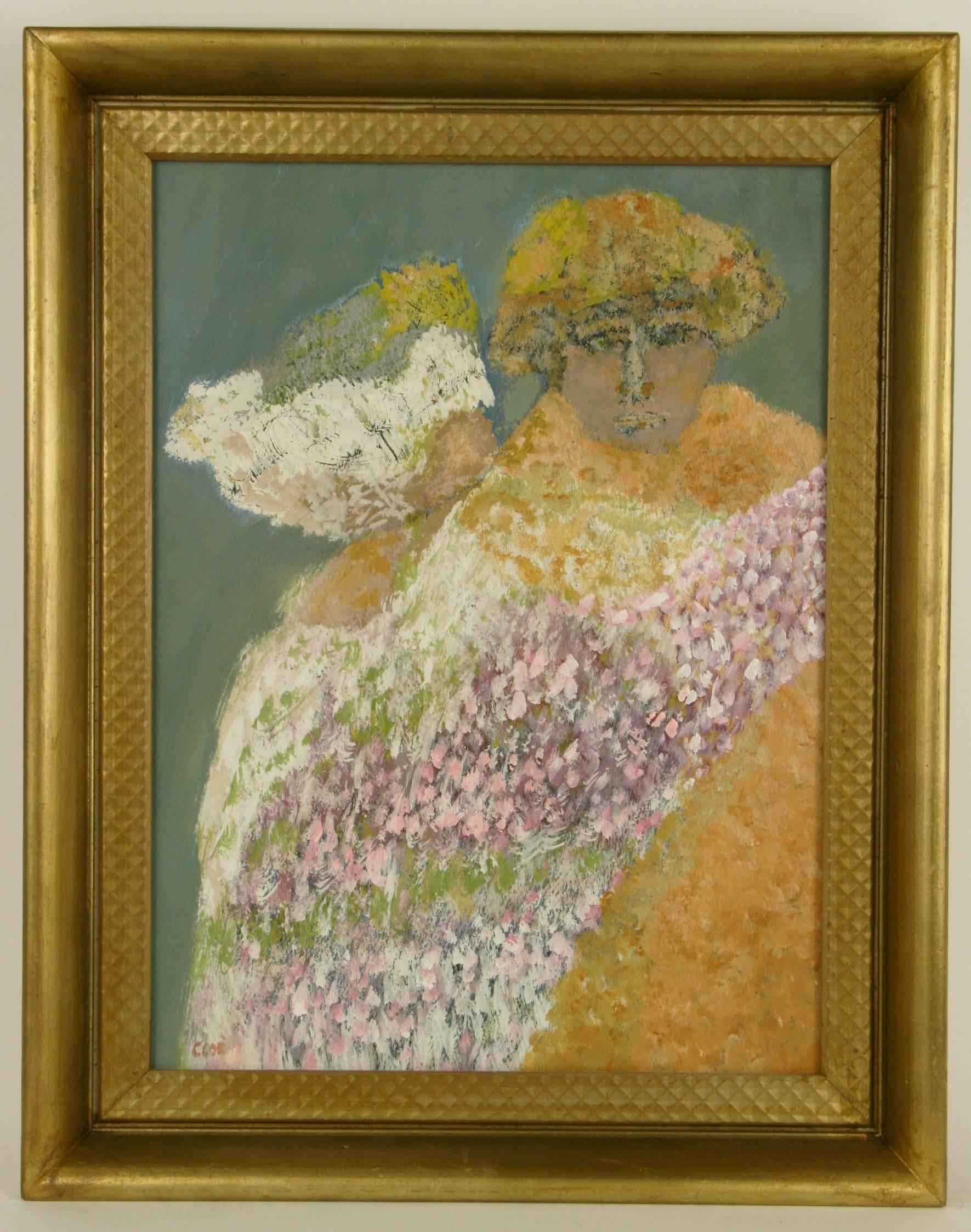 1-6005  Original acrylic on artist board  of two dancers ,set in a gilt wood frame,signed lower left by Cloe`.