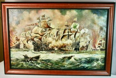 Tall Ships Naval Battle Oversized Framed Oil Painting, Signed