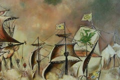 Tall Ships Naval Battle Oversized Framed Oil Painting, Signed