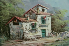 Dipinto a olio “Casa toscana vicino a un ponte”
