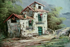 Dipinto a olio “Casa toscana vicino a un ponte”