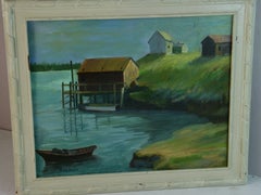 Maine Costal Harbor Village Landscape Oil Painting