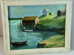 Maine Costal Harbor Village Landscape Oil Painting
