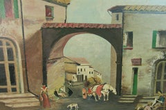 Antique Oversized Oil Painting of Life in a Rural Italian Village Framed Signed