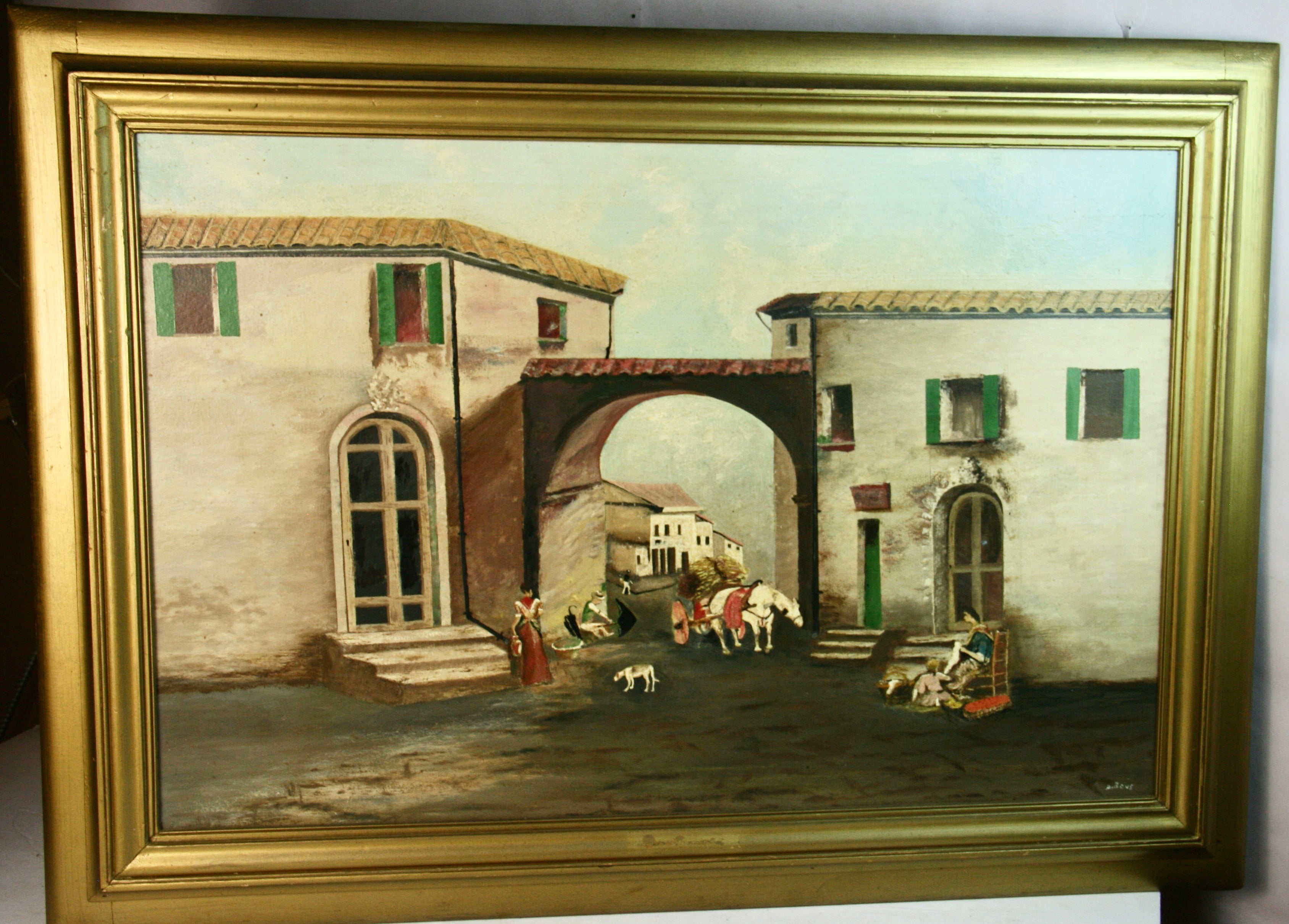 Unknown Landscape Painting - Antique Oversized Oil Painting of Life in a Rural Italian Village Framed Signed