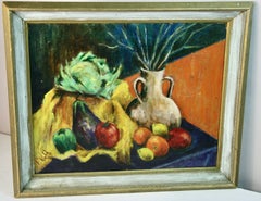 Impressionistisches Stillleben mit Obst und Vase auf einem Tisch, signiert P. Wolf