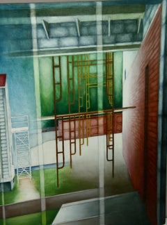 Pintura al óleo de gran formato de estilo realista arquitectónico sobre lienzo entelado