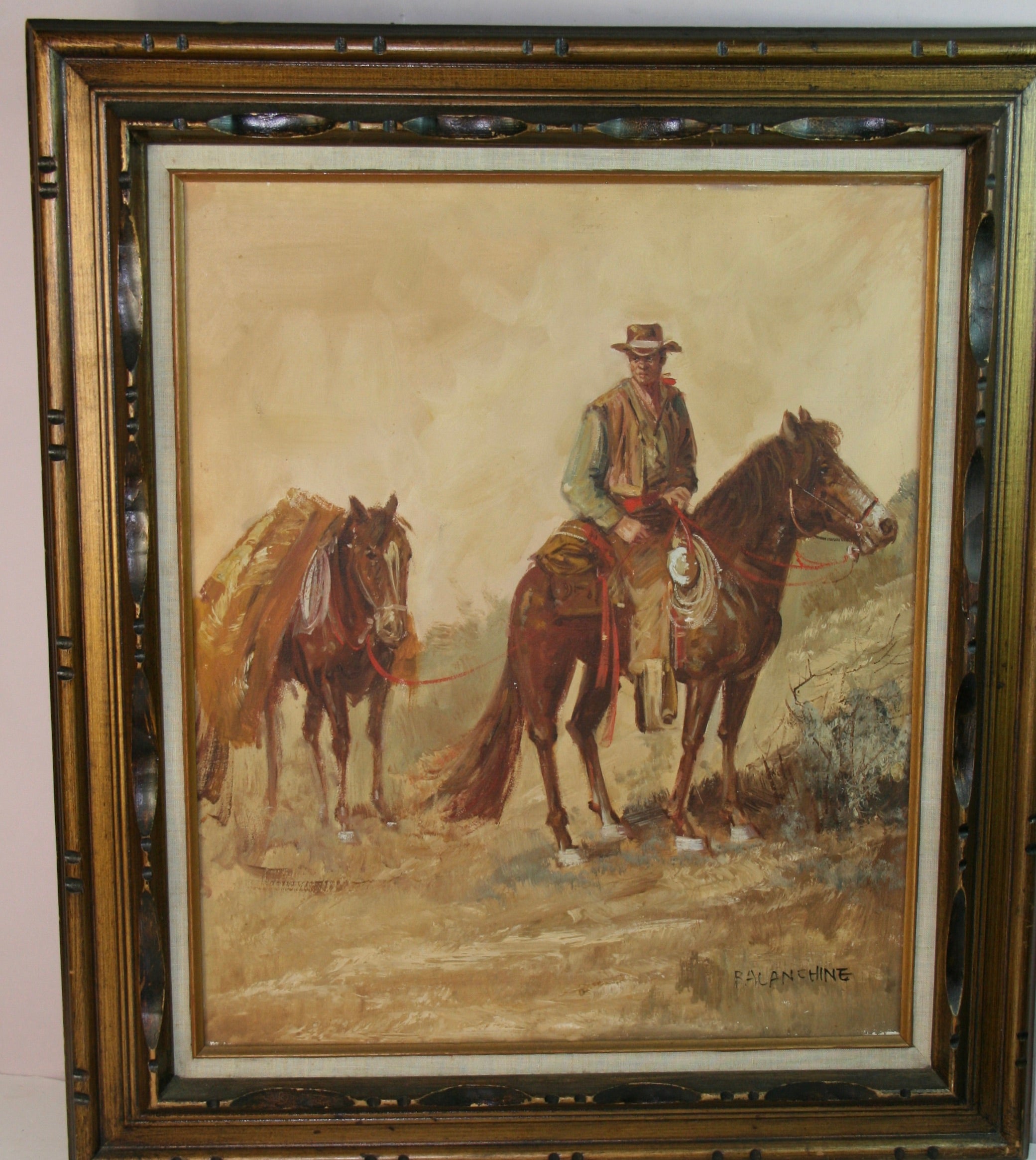 Unknown Animal Painting - Cowboy on Horseback Equestrian Oversized Oil Painting Framed