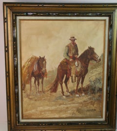 Dipinto a olio di grandi dimensioni raffigurante un cowboy a cavallo, già incorniciato