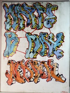 Pintura al óleo de grafiti urbano de gran formato, firmada, abstracta, década de los 70