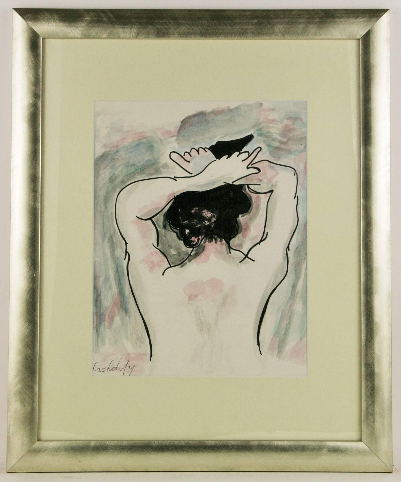 #5-2816 A female  figure posing,gouache on paper displayed in a silver-finish wood frame,mat and under glass.Illegible signature lower left.
Image size 13.5 H x 10.5 W