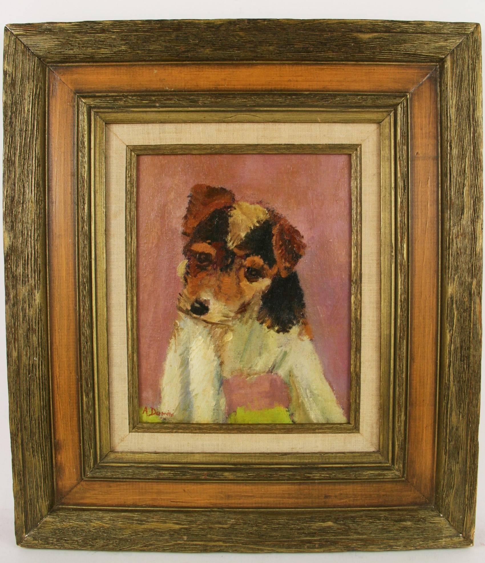 #5-2832 A vintage acrylic on artist bord set in a wood frame,signed lower left by A.Domini