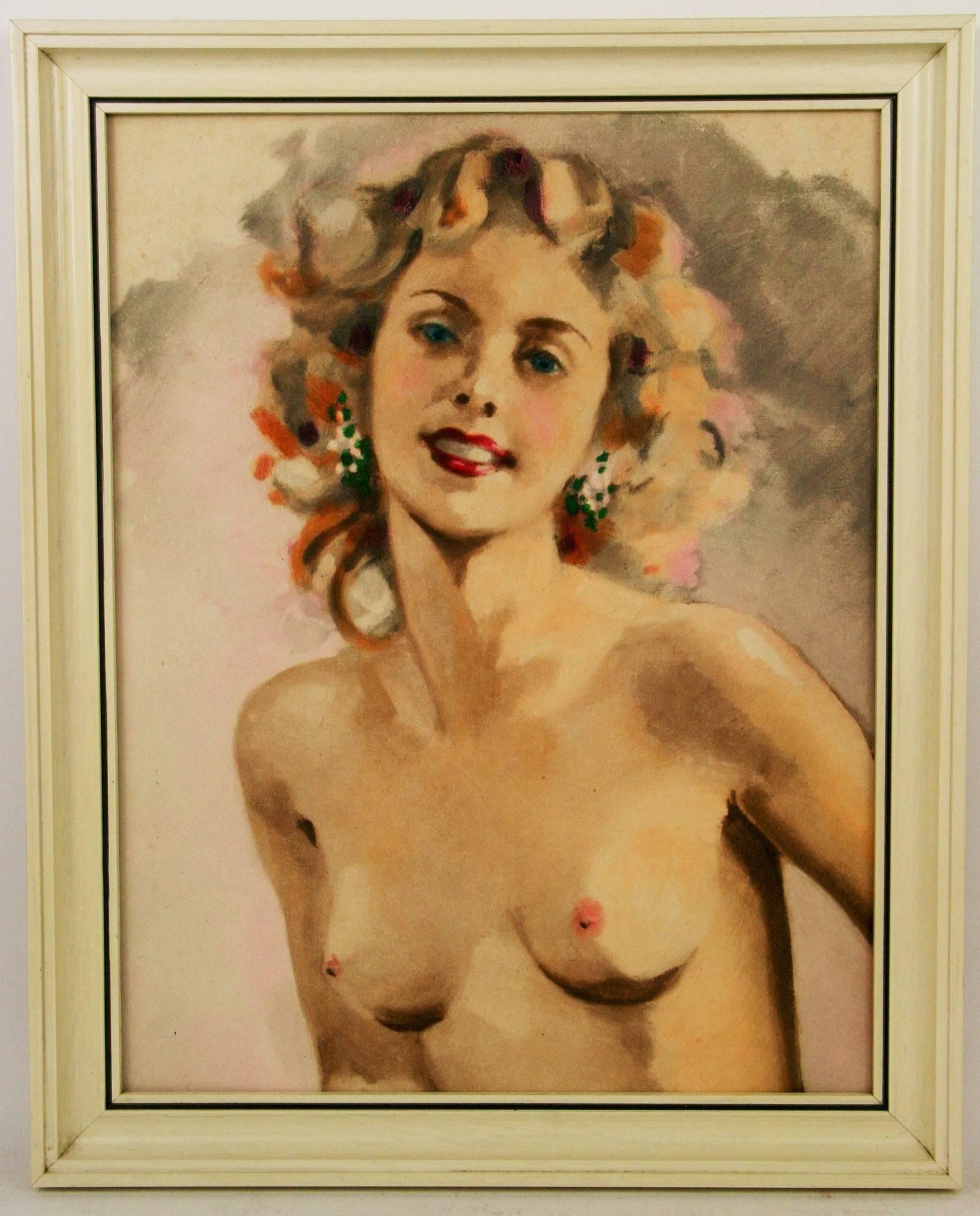 Unknown Figurative Painting - Pin Up Nude Gouache Painting