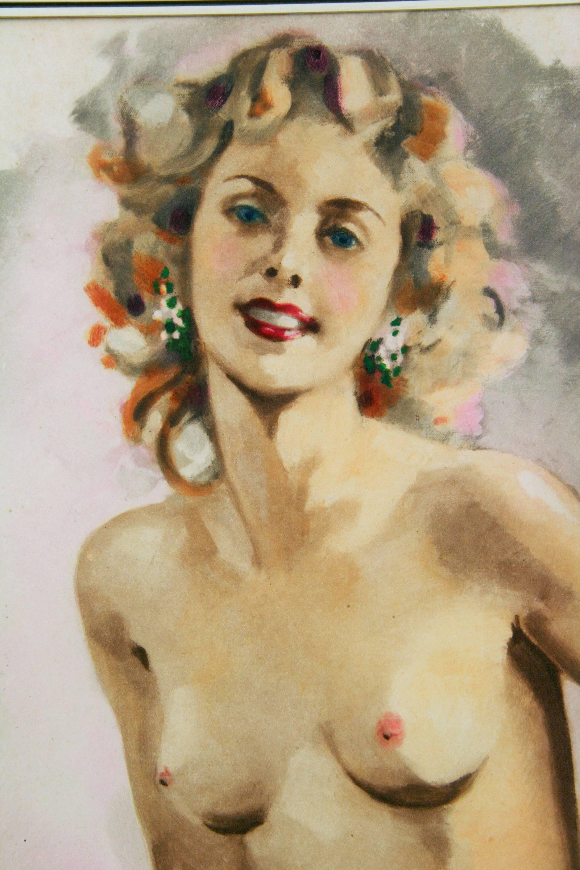 Pin Up Nude Gouache Painting - Brown Figurative Painting by Unknown